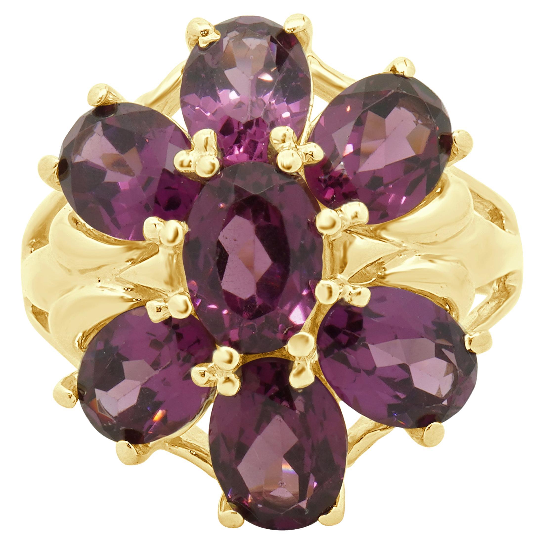 14 Karat Yellow Gold Rhodolite Garnet Cluster Ring