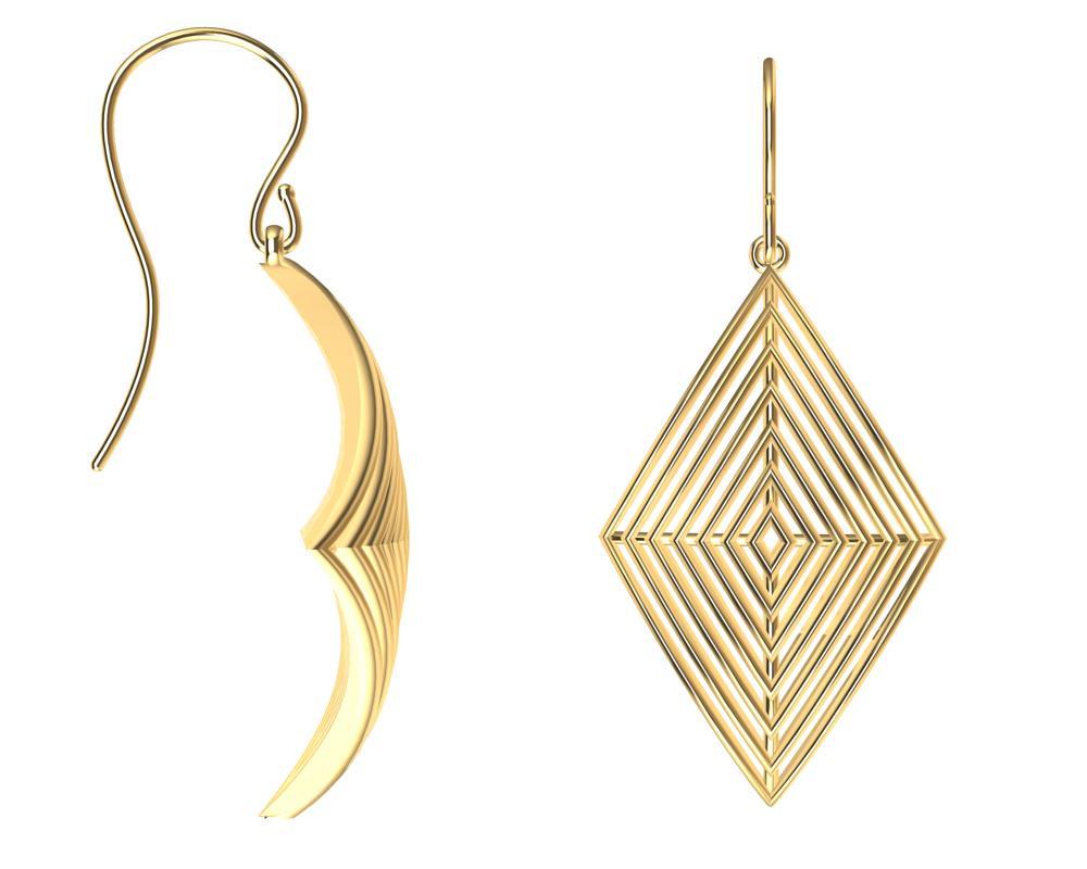 14 Karat Yellow Gold Rhombus Rows Earrings , From the Open Air series. Inspireded by light and air, this ring  keeps it interesting. Simple domed top with repeating rhombus rows to create a playfulness with the light and shadows.  A sandblasted