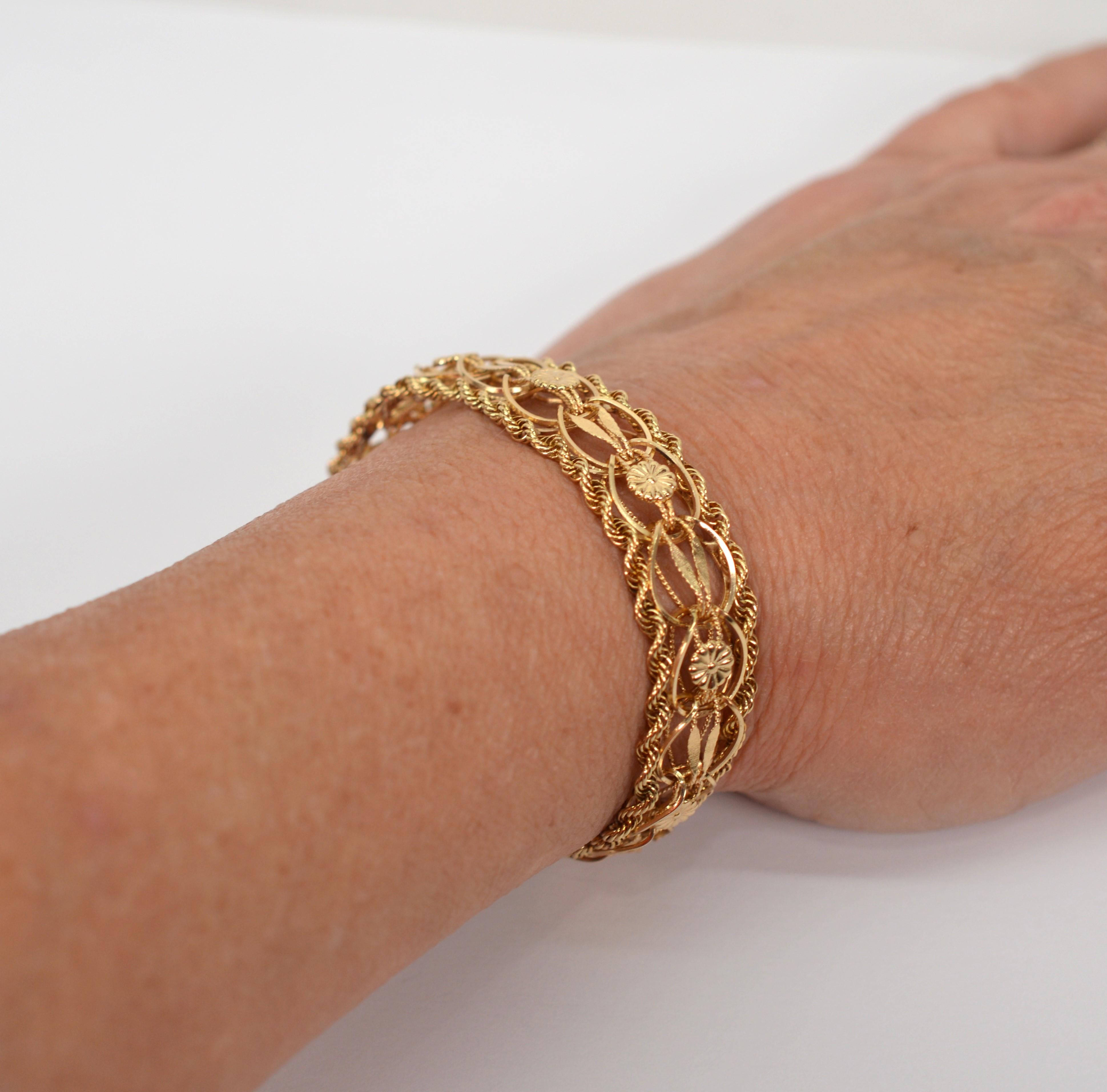 Women's 14 Karat Yellow Gold Ribbon Rope Bracelet w Floral Stations For Sale