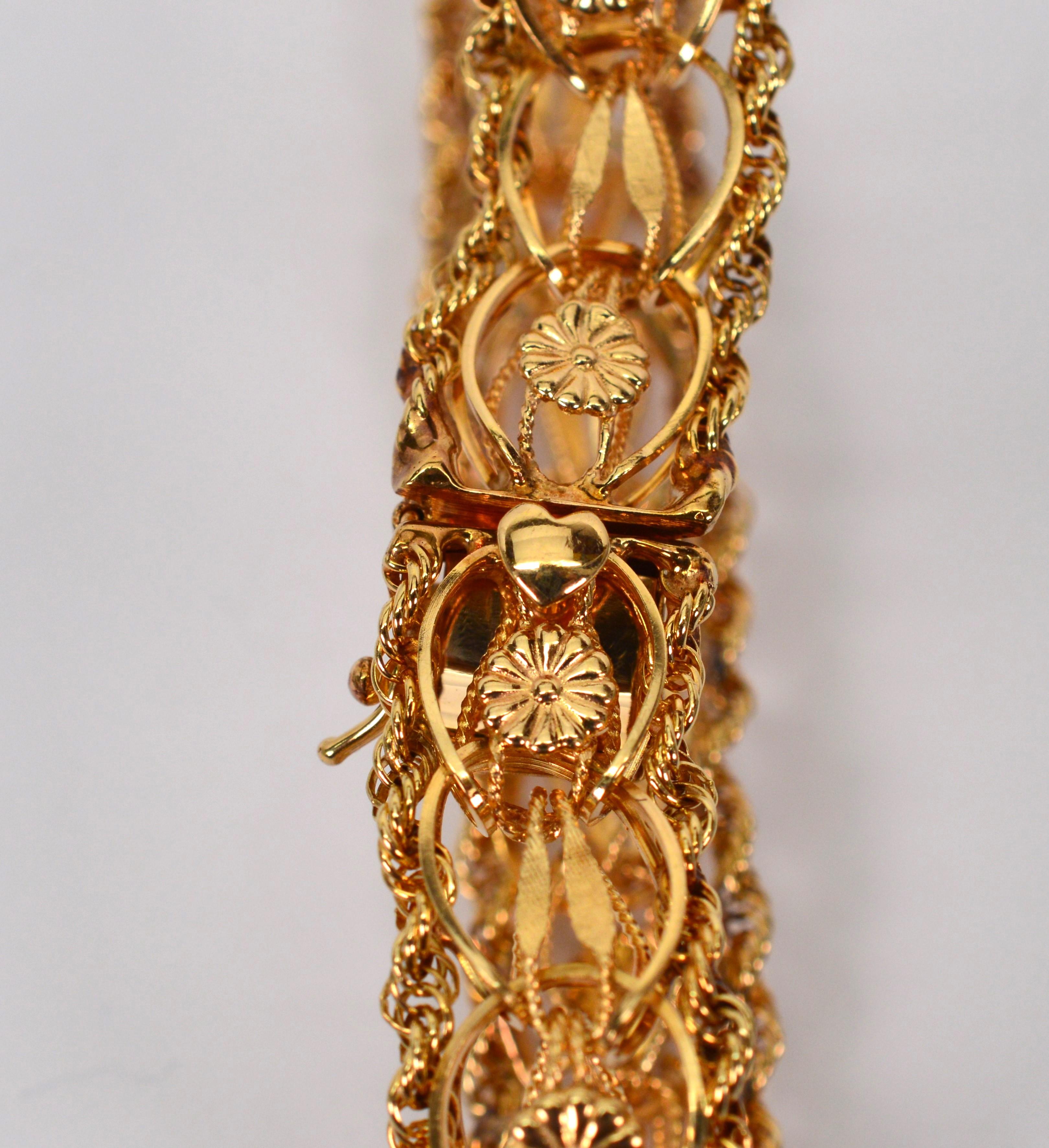 14 Karat Yellow Gold Ribbon Rope Bracelet w Floral Stations For Sale 2