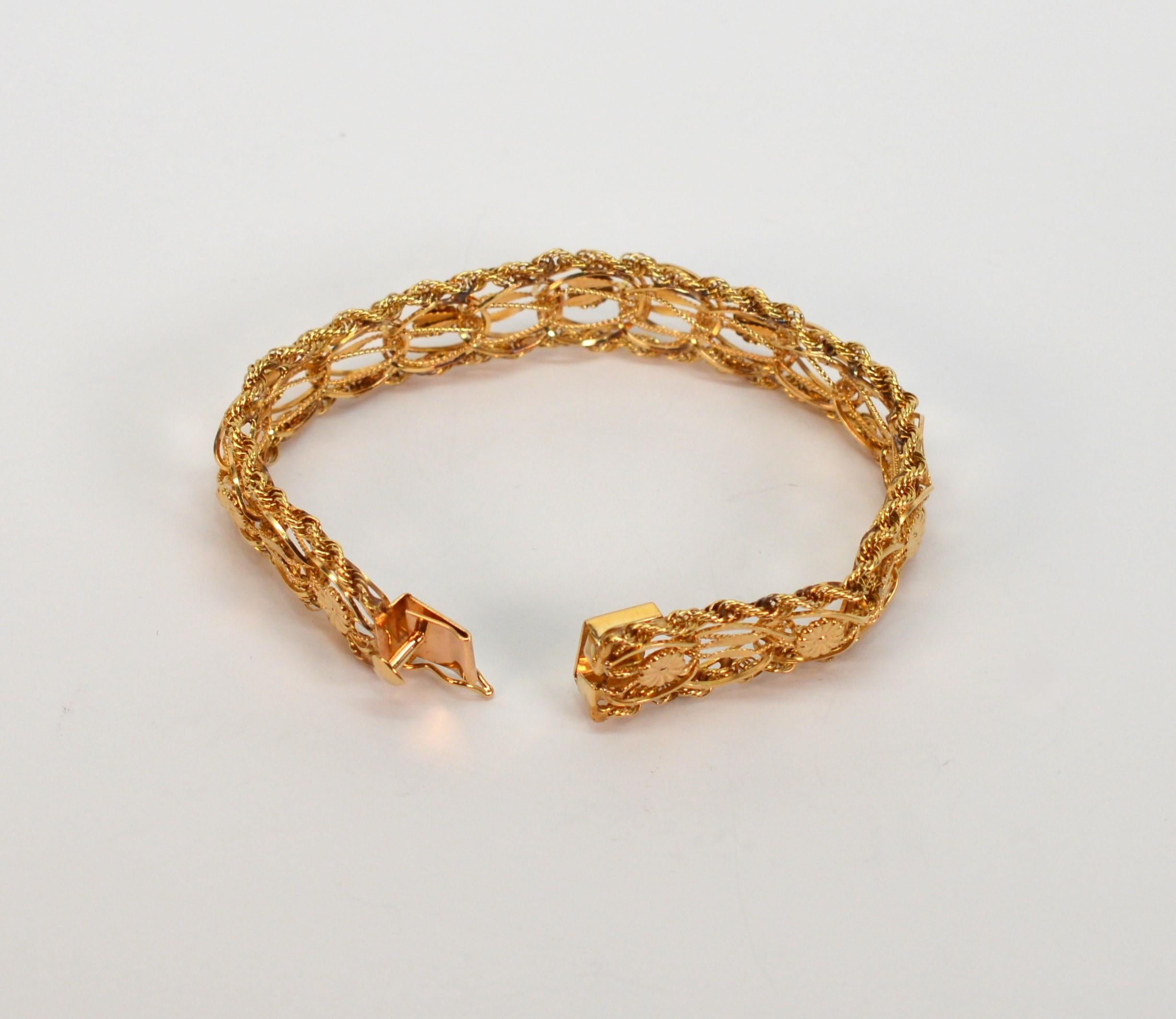 14 Karat Yellow Gold Ribbon Rope Bracelet w Floral Stations For Sale 3