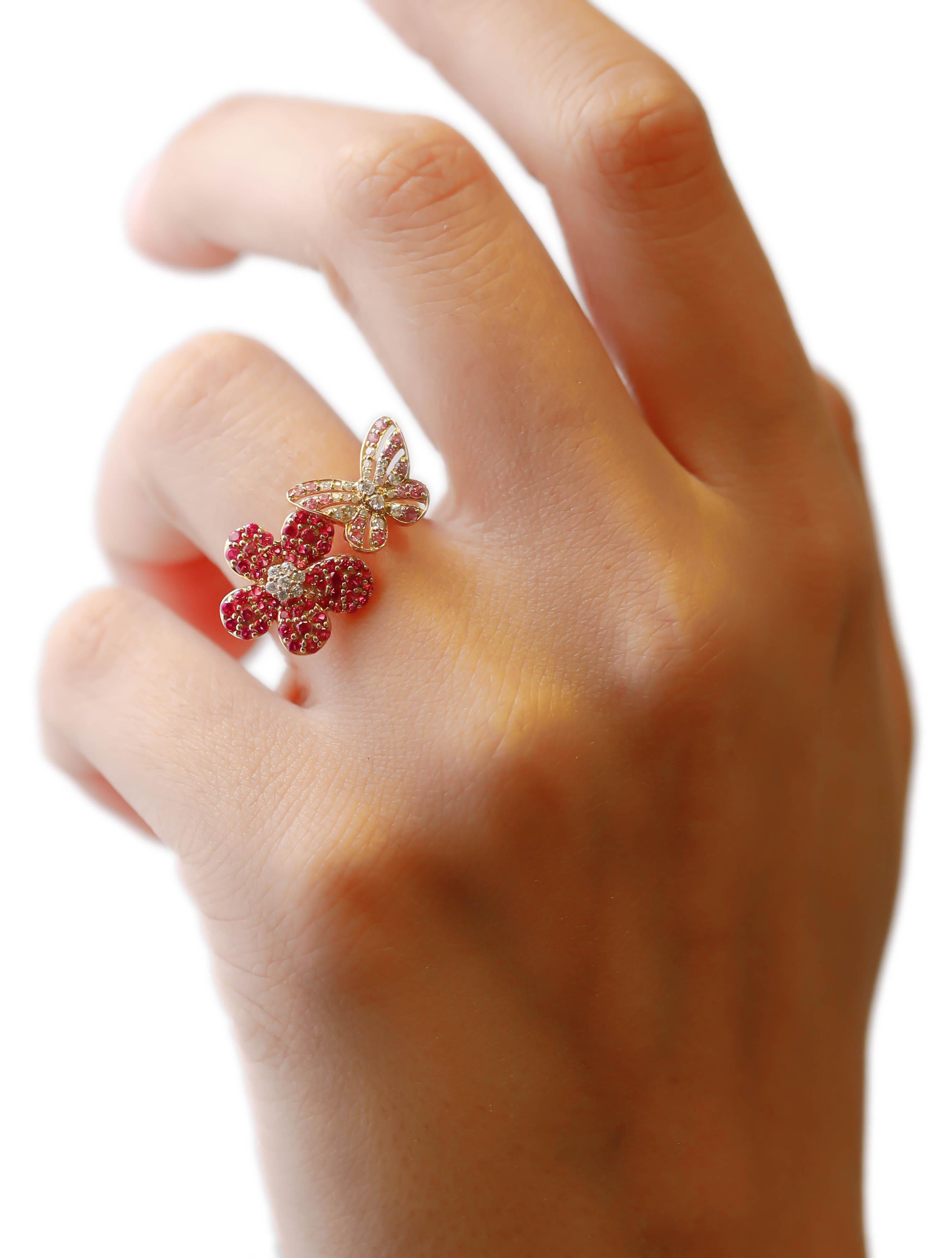 Contemporary 14K Yellow Gold Daisy Flower and Butterfly Ring Pink Sapphire 0.17ct Diamond 