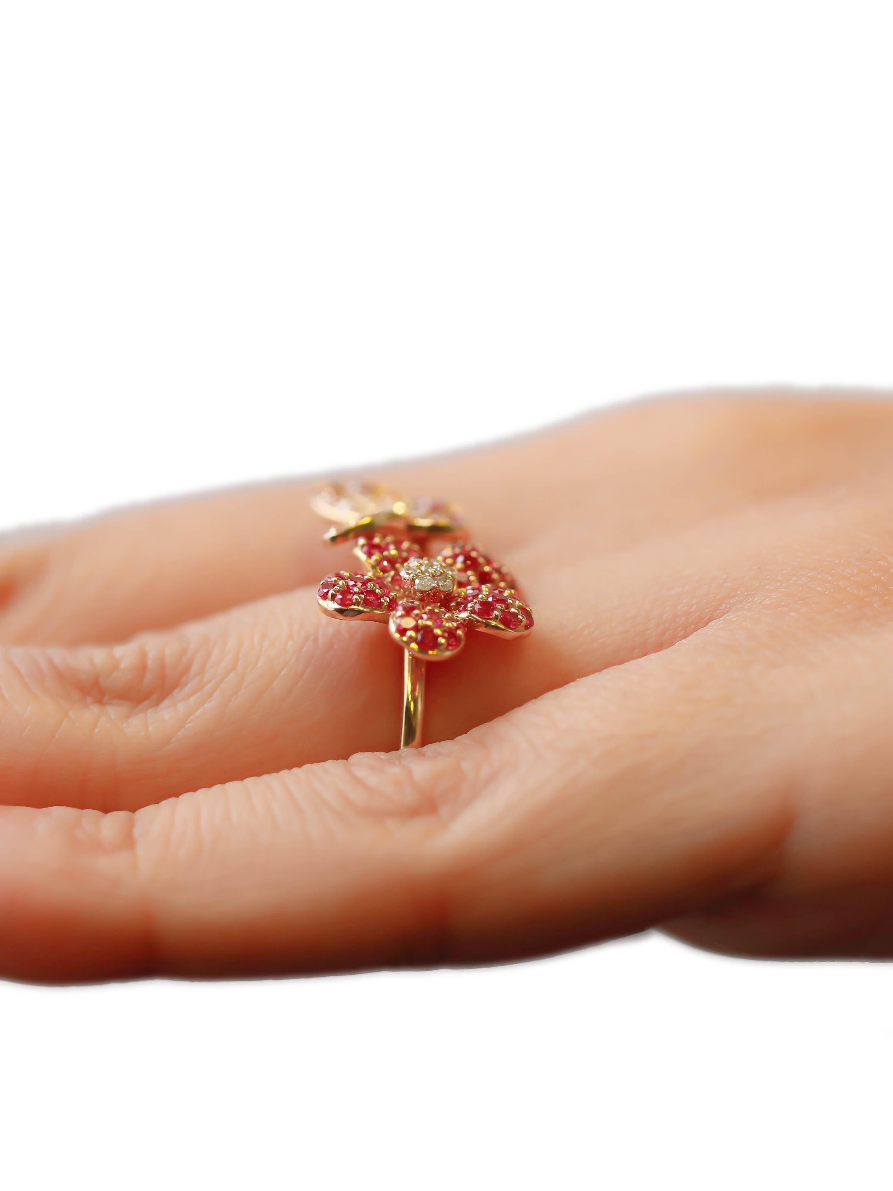 Round Cut 14K Yellow Gold Daisy Flower and Butterfly Ring Pink Sapphire 0.17ct Diamond 