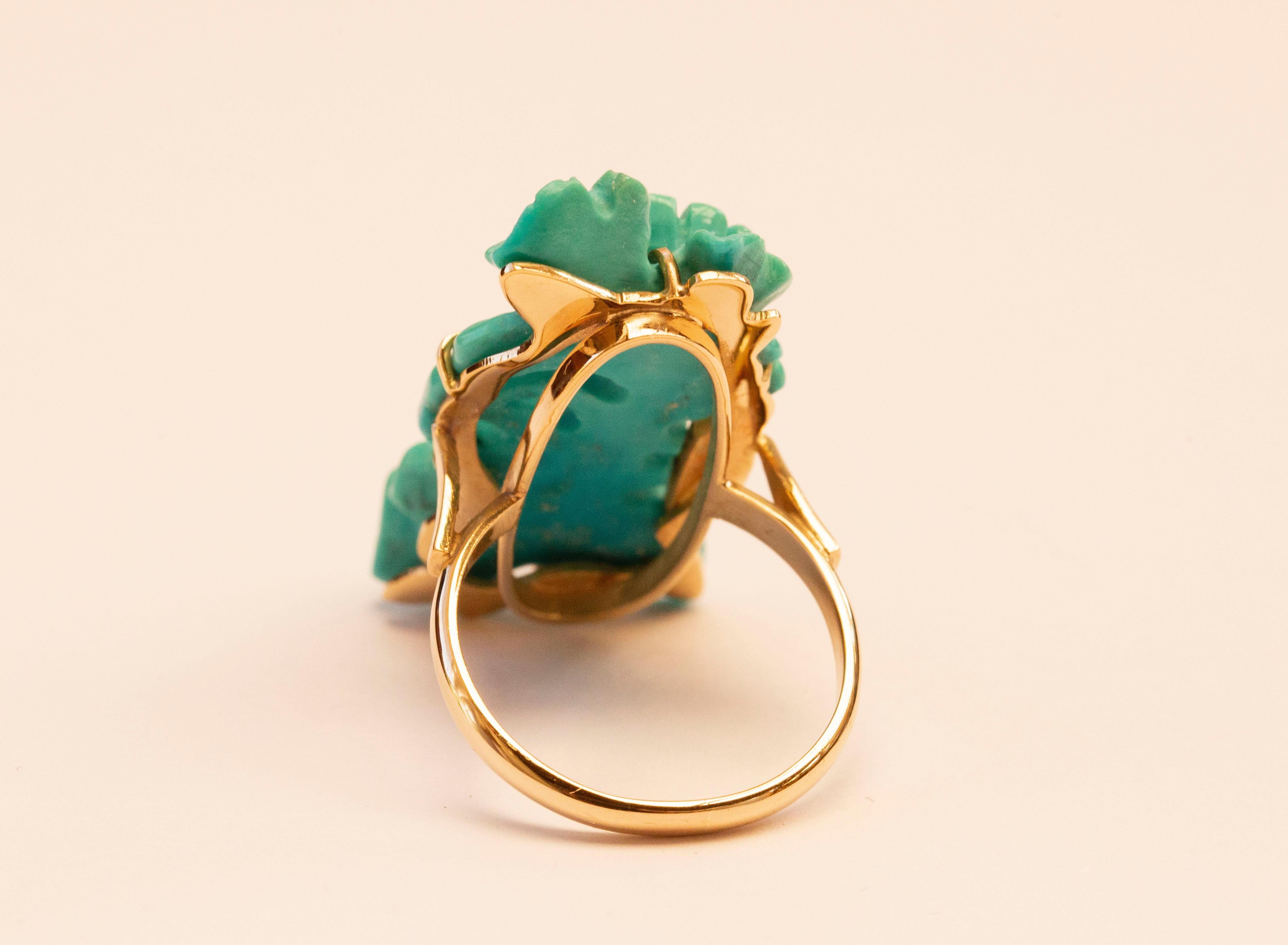 Artisan 14 Karat Yellow Gold Ring Set with Turquoise Carved in Floral Decor For Sale