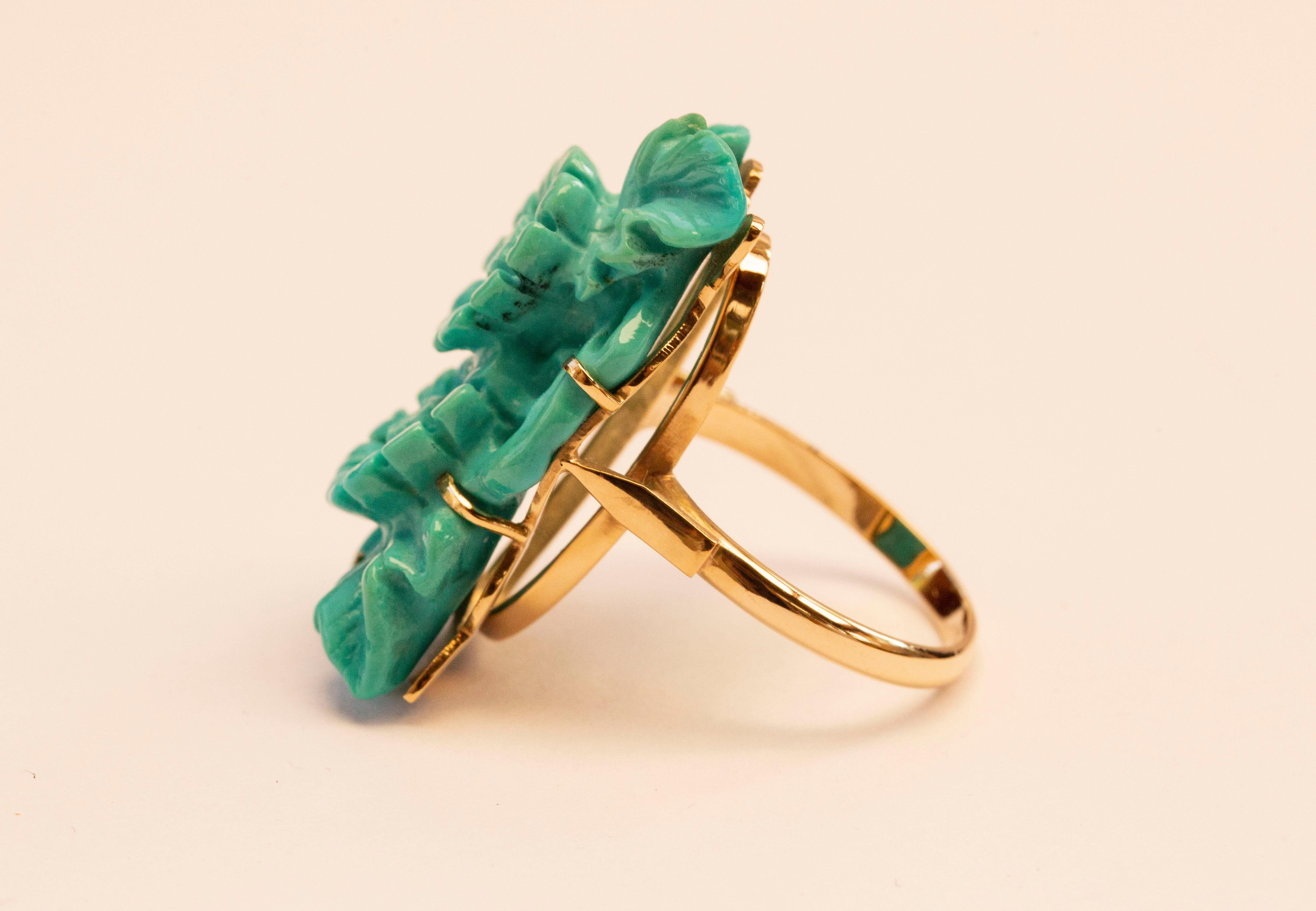Uncut 14 Karat Yellow Gold Ring Set with Turquoise Carved in Floral Decor For Sale