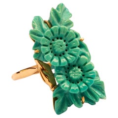 14 Karat Yellow Gold Ring Set with Turquoise Carved in Floral Decor