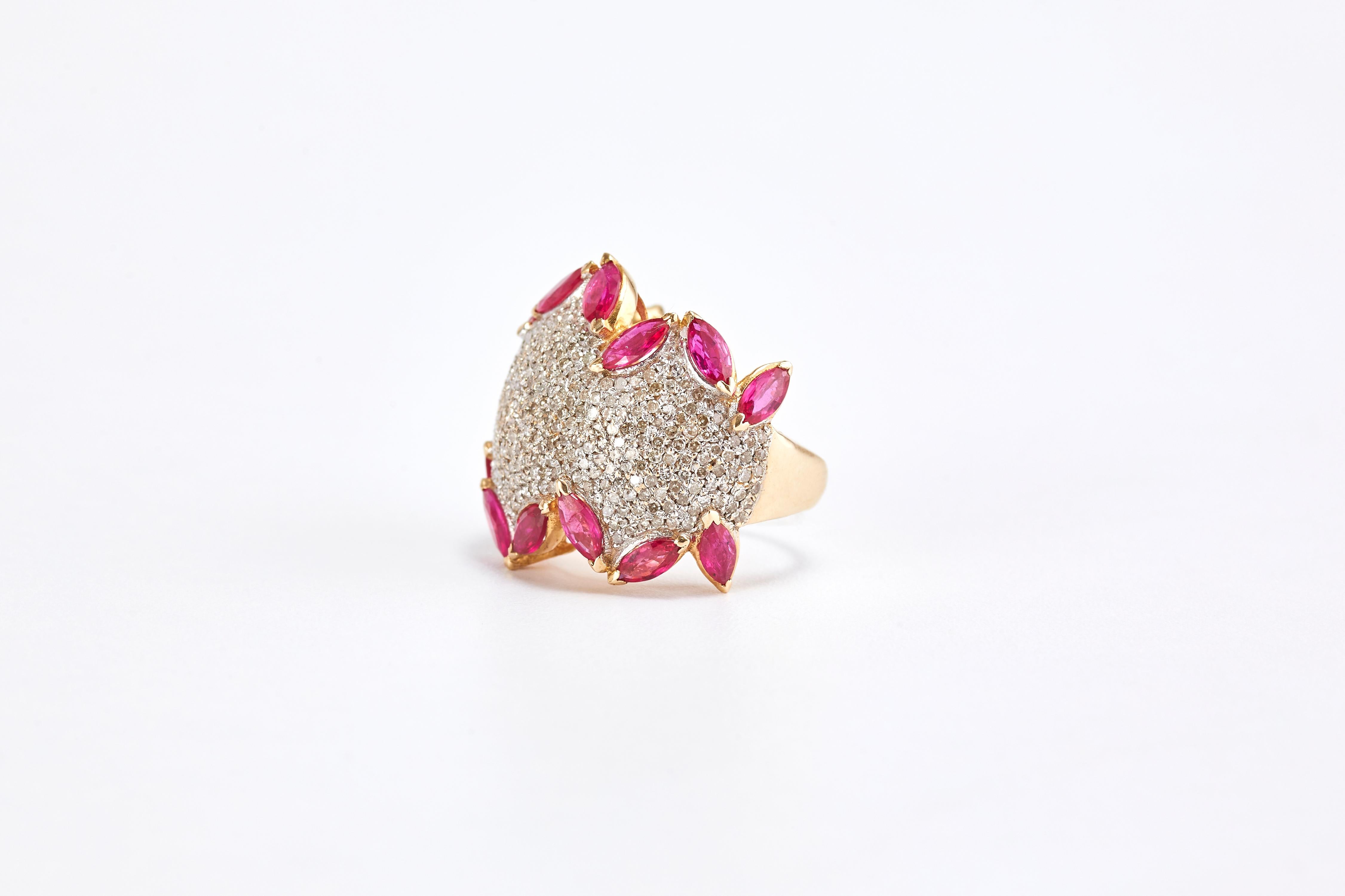 Marquise Cut 14 Karat Yellow Gold Ring with Diamonds and Rubies For Sale