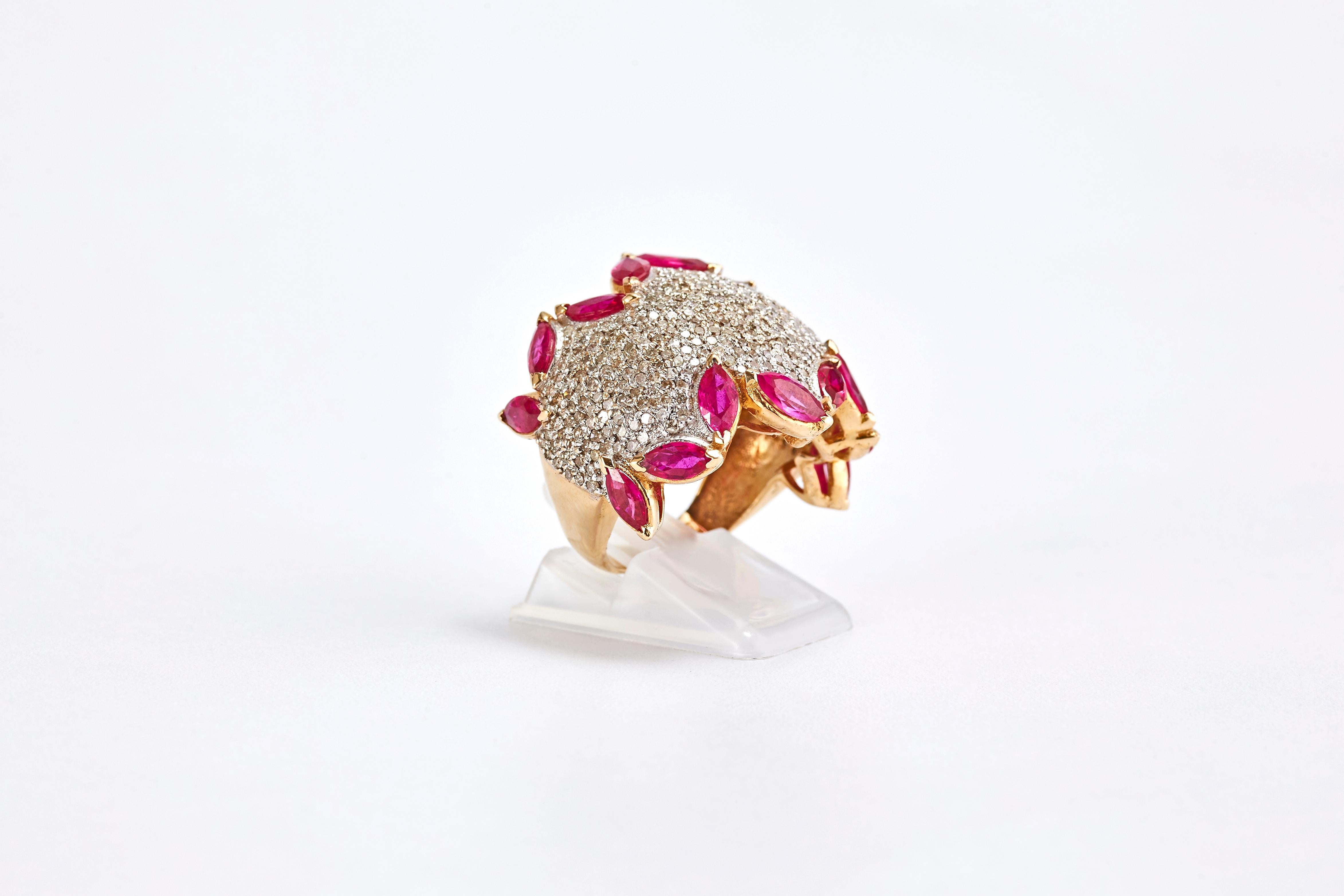 Women's 14 Karat Yellow Gold Ring with Diamonds and Rubies For Sale