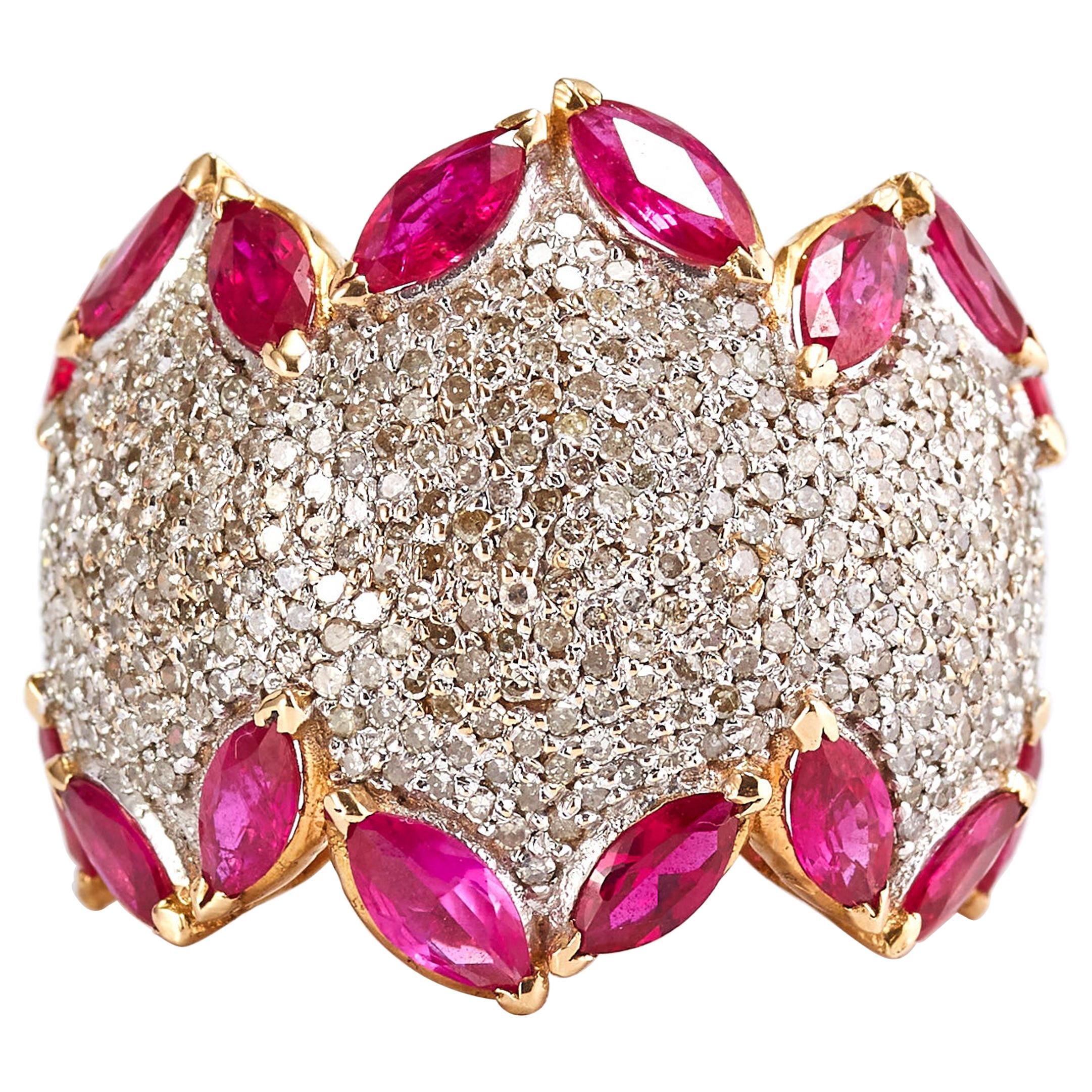 14 Karat Yellow Gold Ring with Diamonds and Rubies