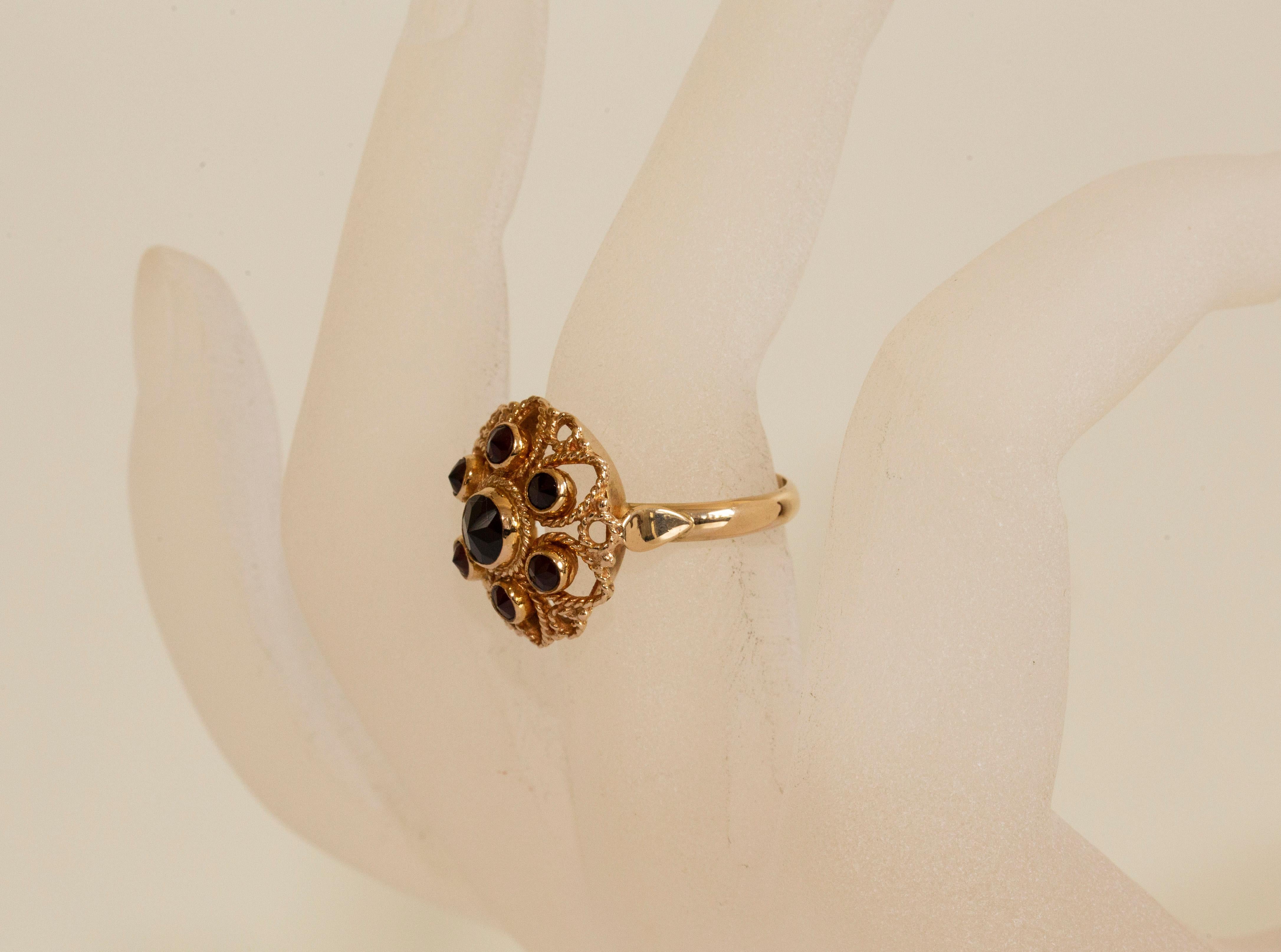 Rose Cut 14 Karat Yellow Gold Ring with Garnets in Filigree Flower Setting For Sale