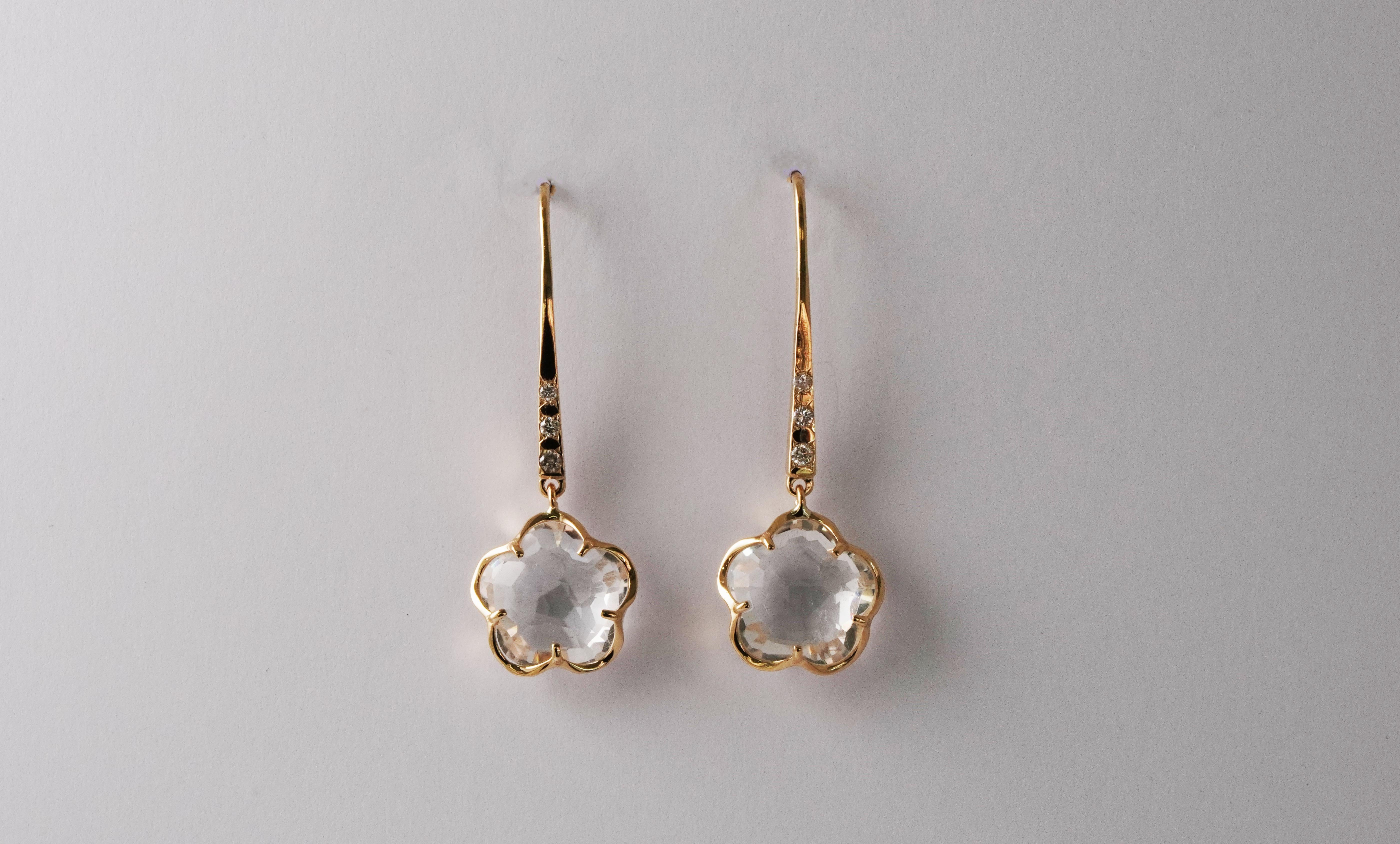 Modern 14 Karat Yellow Gold Rock Crystal and Diamond Earrings  For Sale