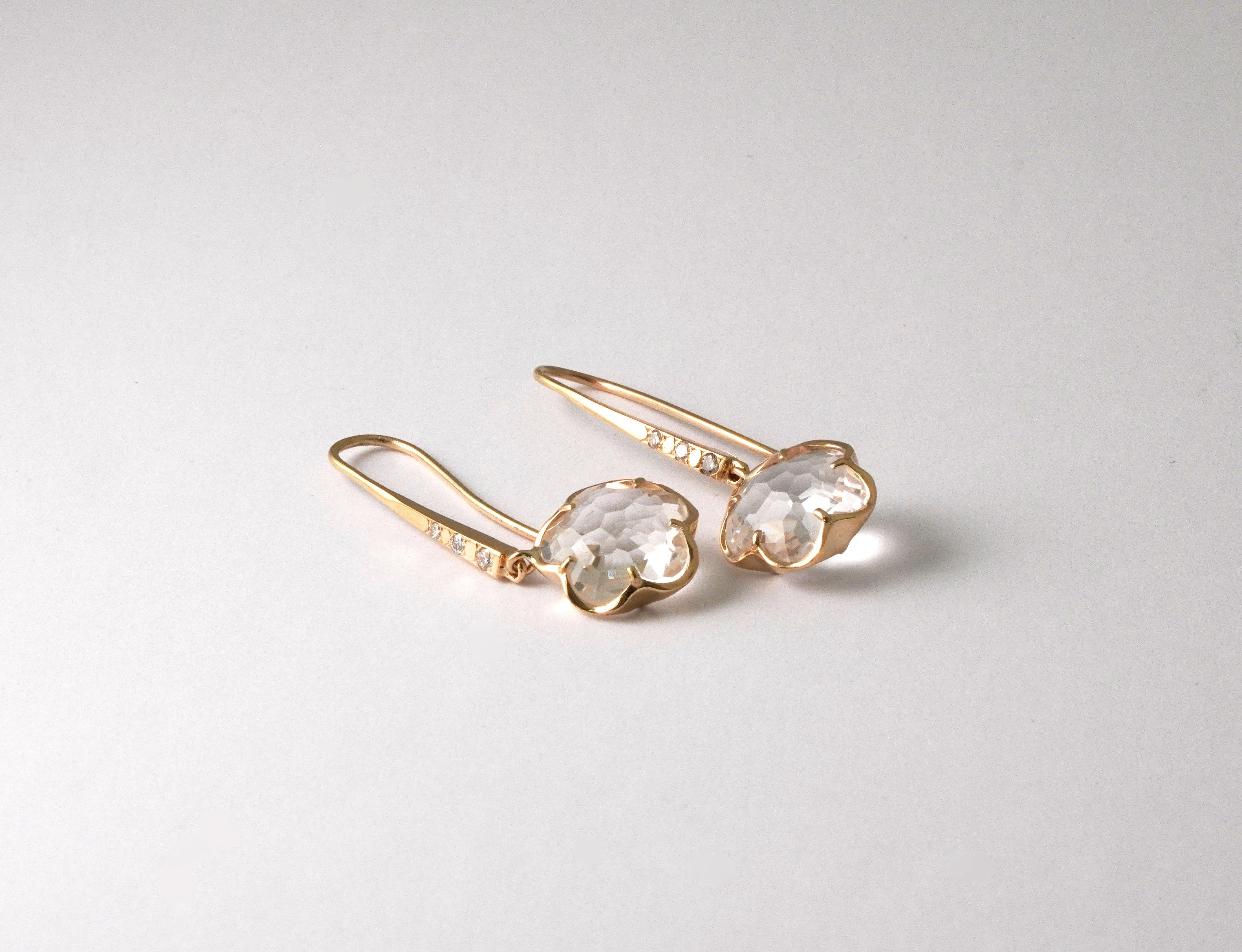 Women's 14 Karat Yellow Gold Rock Crystal and Diamond Earrings  For Sale