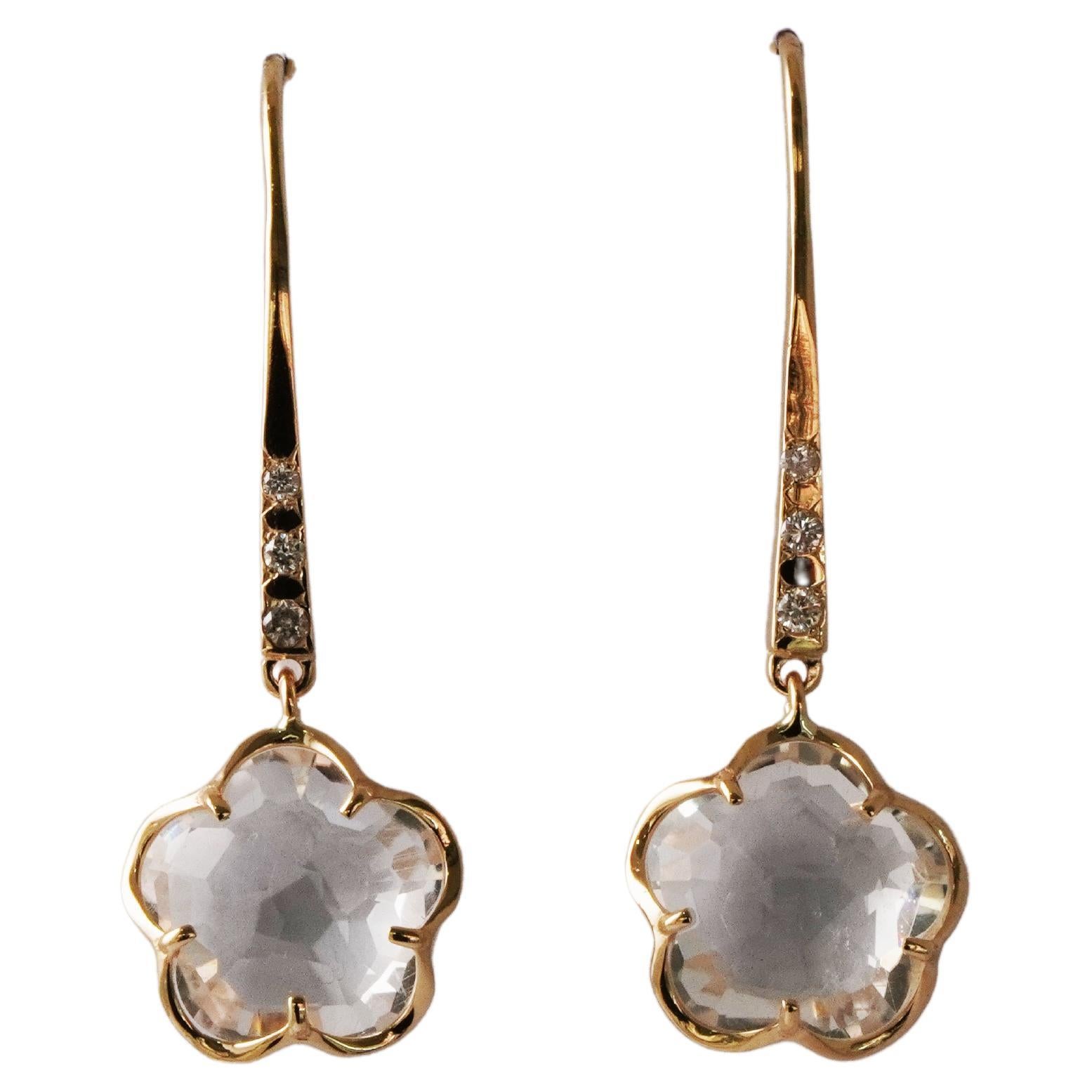 14 Karat Yellow Gold Rock Crystal and Diamond Earrings 