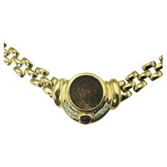 14 Karat Yellow Gold Roman Coin Diamond and Ruby Necklace JAGi Certified