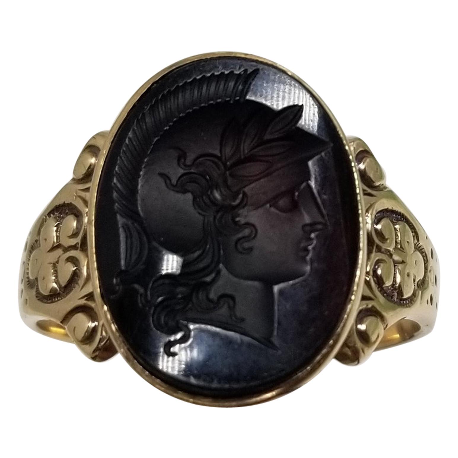 14 Karat Yellow Gold Roman Head Carved Black Onyx Ring