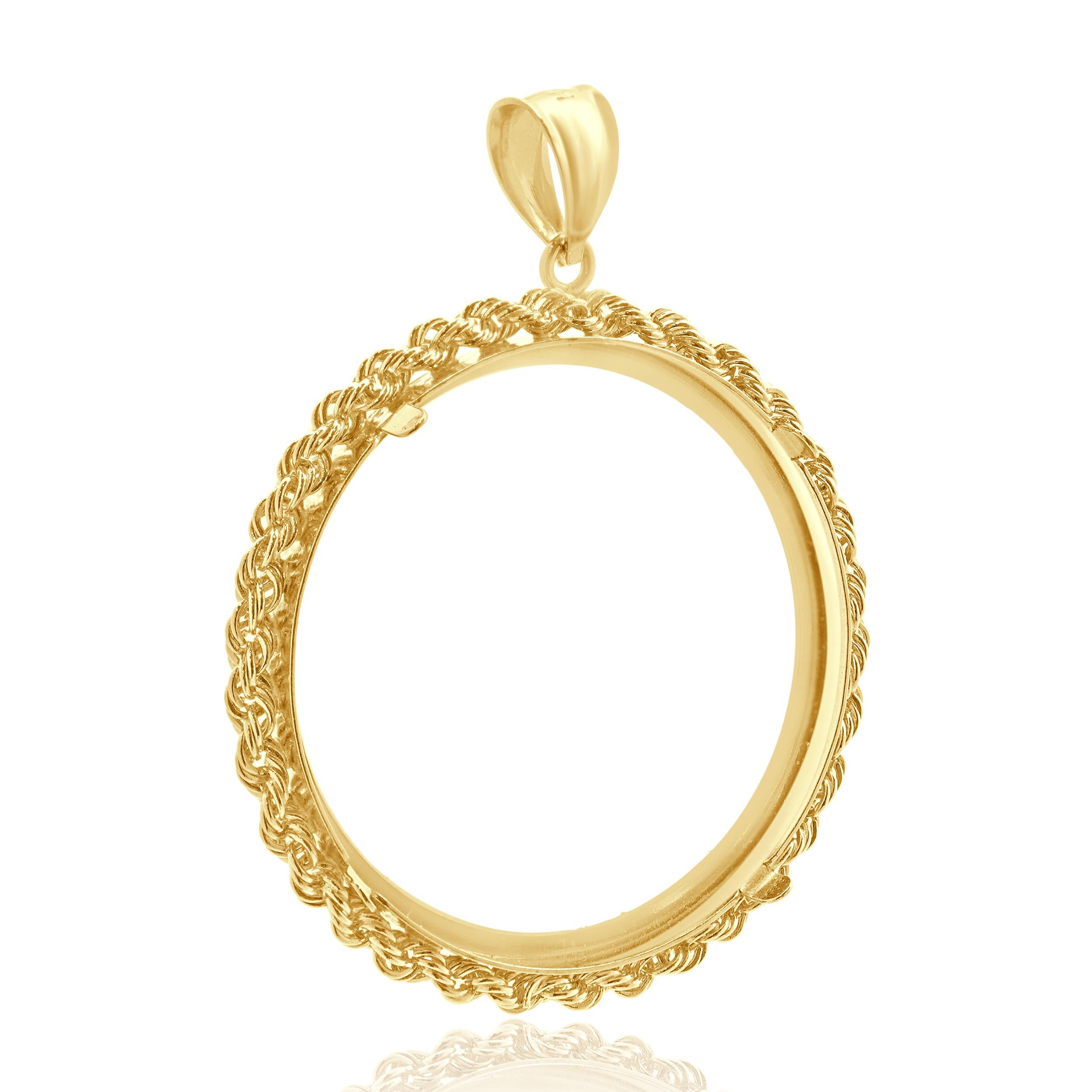 Concepteur : personnalisé
Matériau : Or jaune 14K 
Dimensions : pendentif de 38 mm
Poids : 5.08 grammes