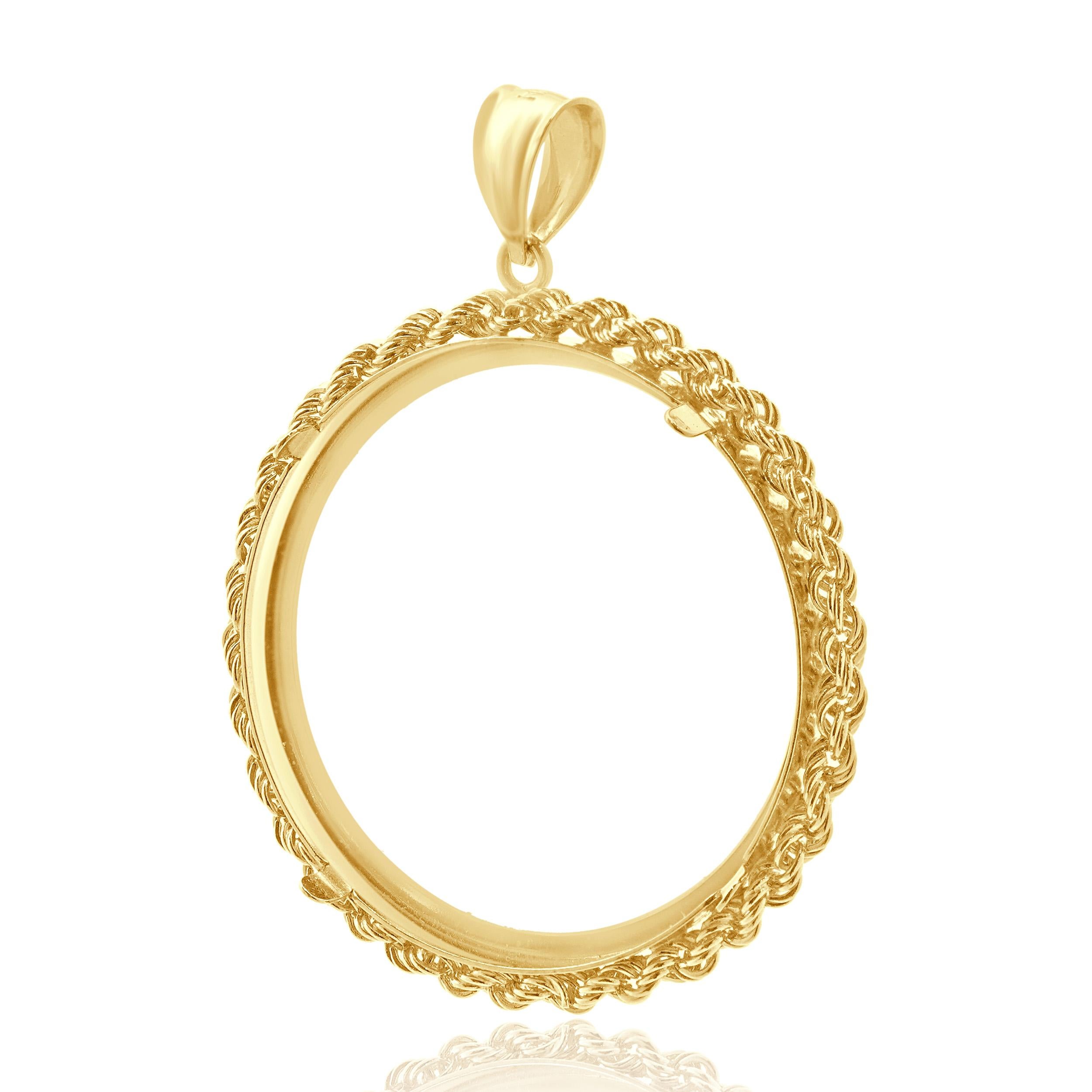 Pendentif en or jaune 14 carats avec cordon et chaton pour pièces de monnaie Pour femmes en vente