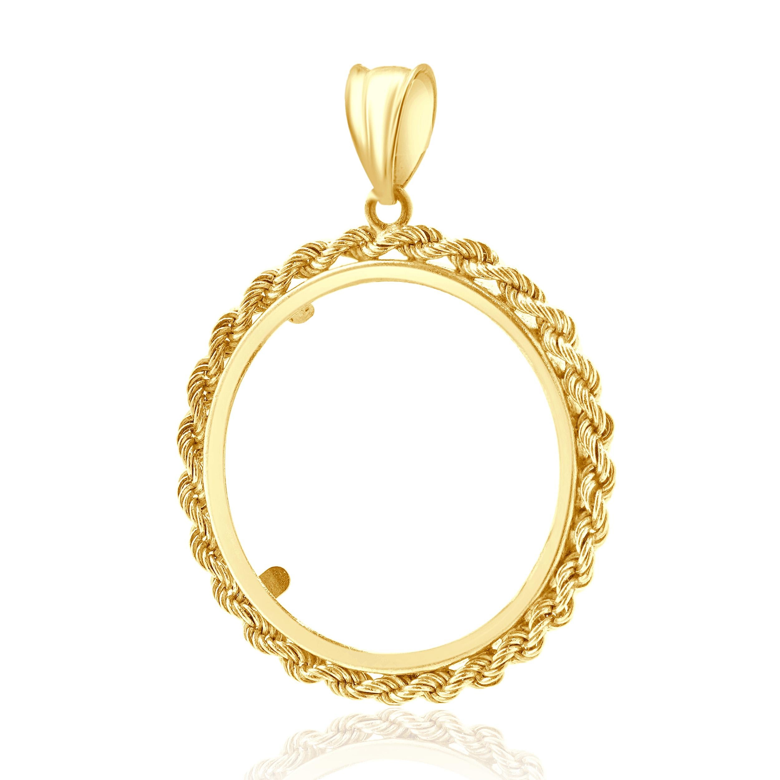 Pendentif en or jaune 14 carats avec cordon et chaton pour pièces de monnaie Pour femmes en vente