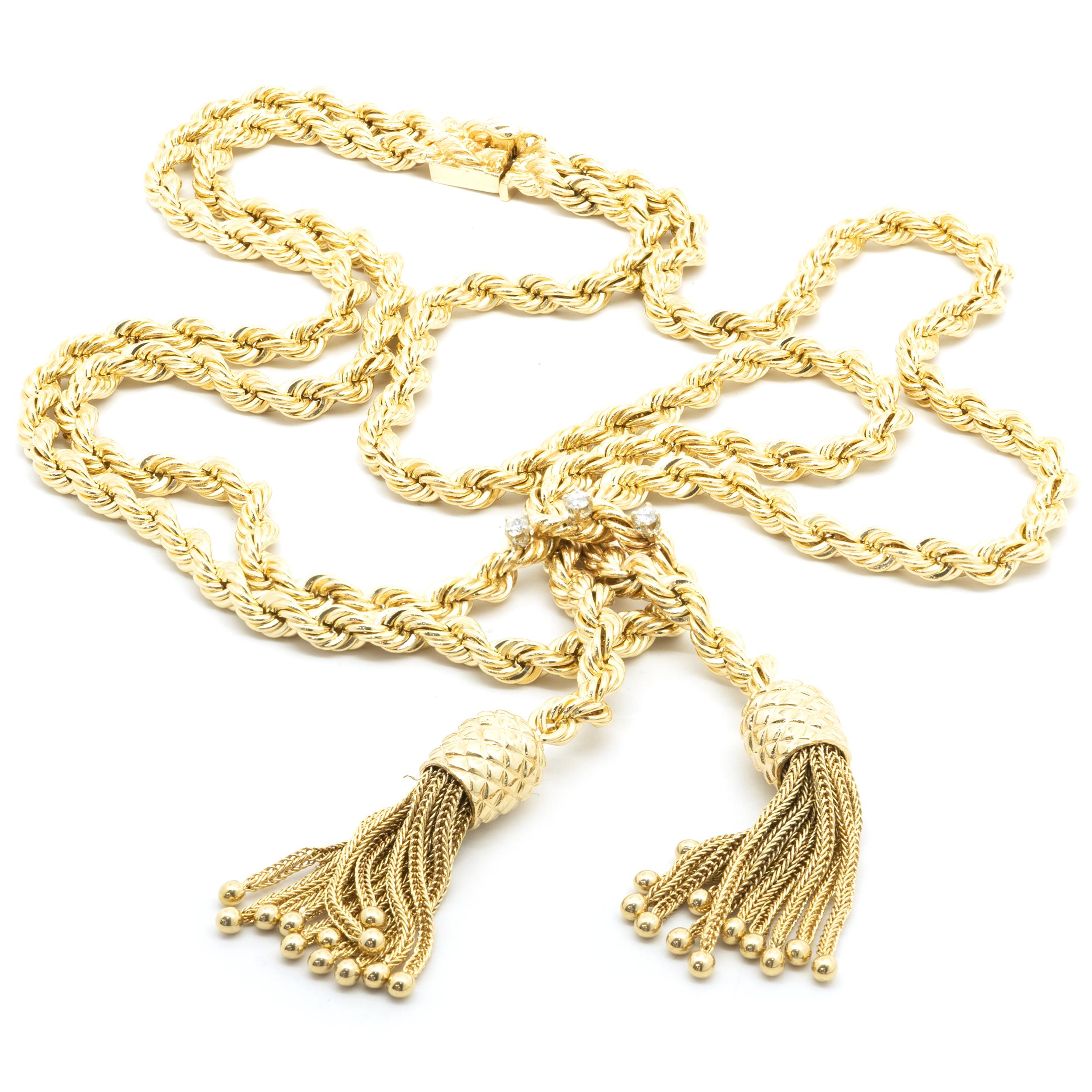 Designer: custom design
Material: 14K yellow gold
Diamonds: 3 round brilliant cut = 0.15ct
Color: G
Clarity: SI1
Dimensions: necklace measures 18-inches in length 
Weight: 88.70 grams
