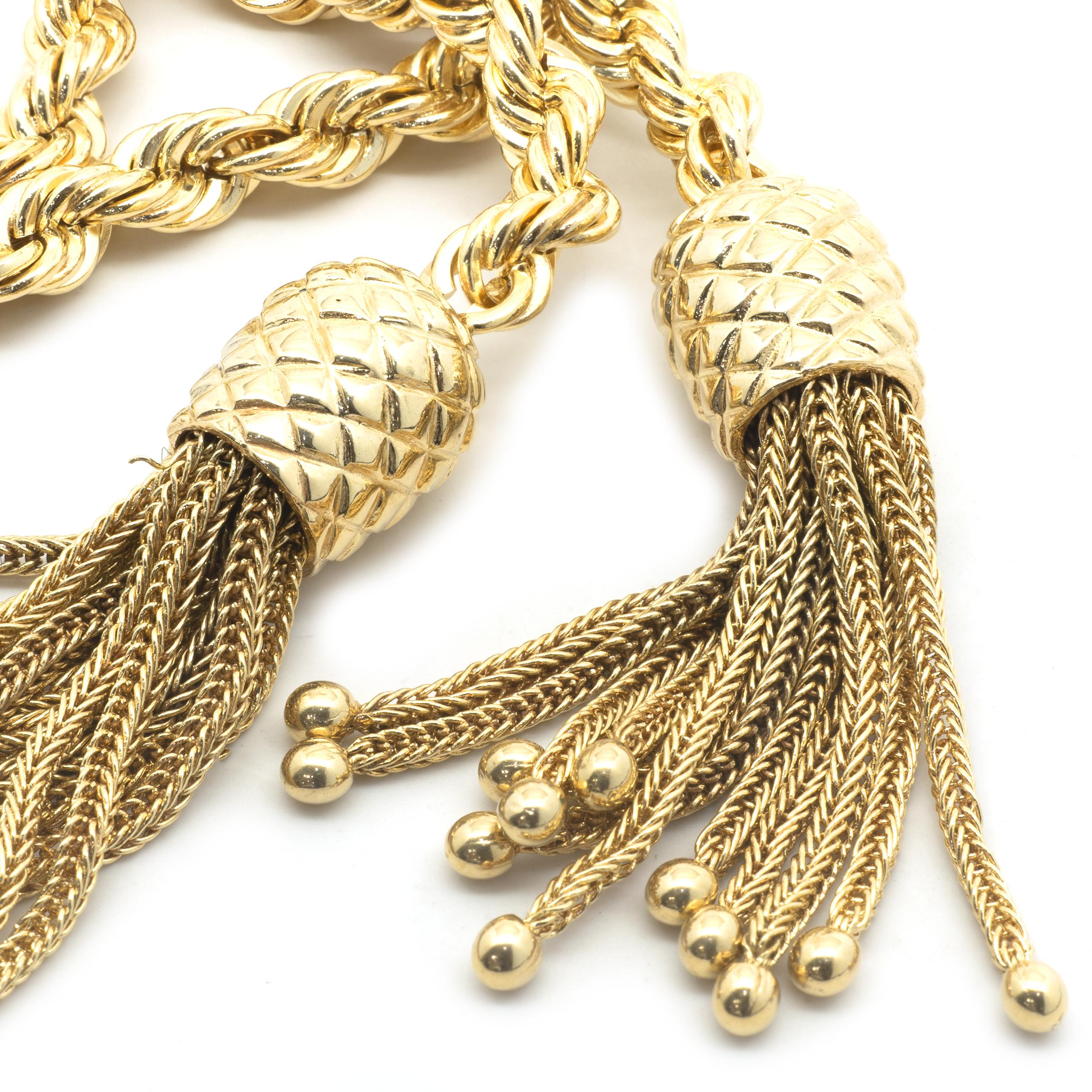 Round Cut 14 Karat Yellow Gold Rope Chain Diamond Lariat Necklace