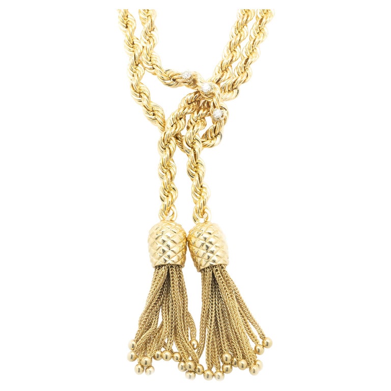 14 Karat Yellow Gold Rope Chain Diamond Lariat Necklace at 1stDibs