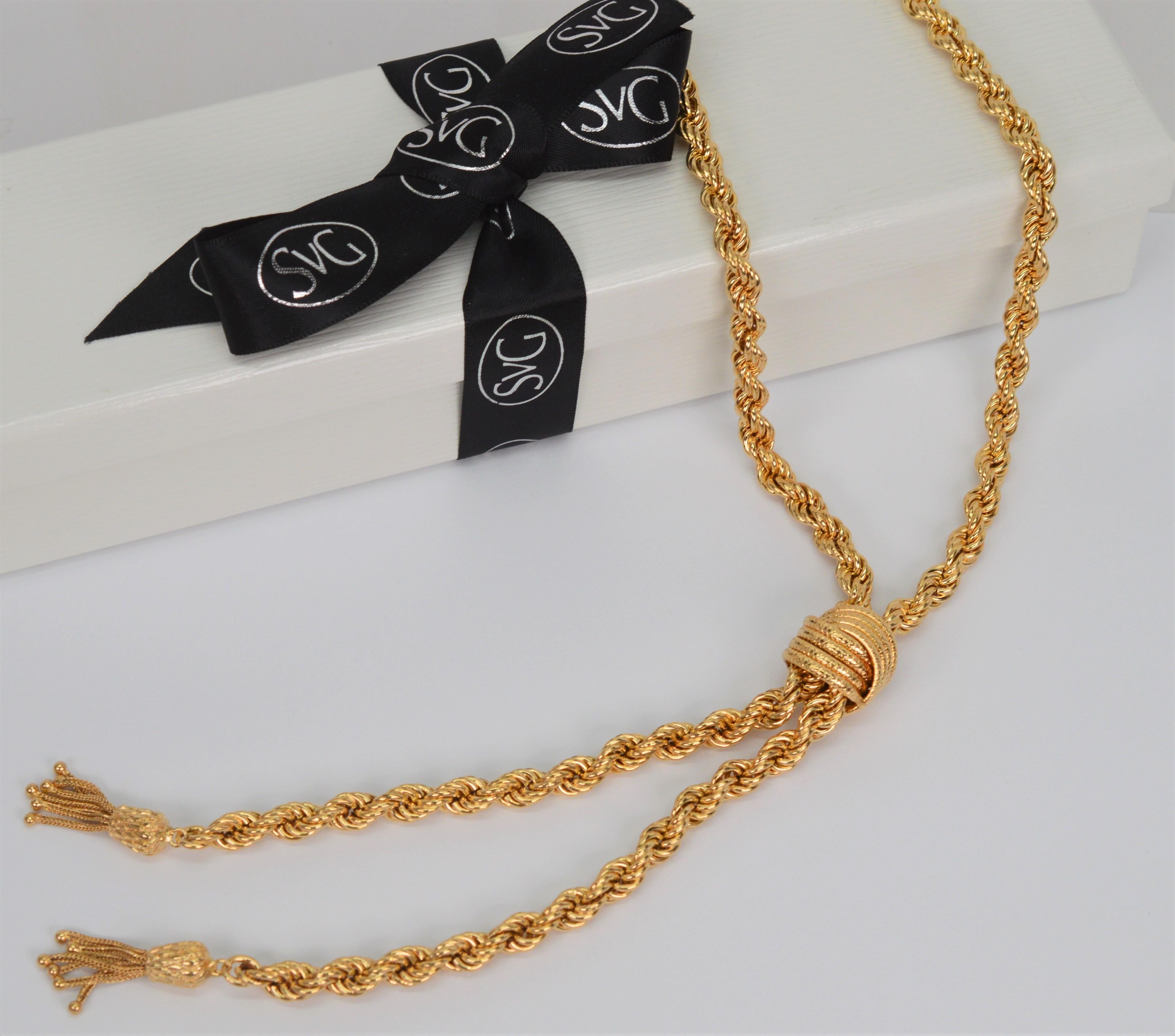 14 Karat Yellow Gold Rope Chain Lariat Style Necklace For Sale 3