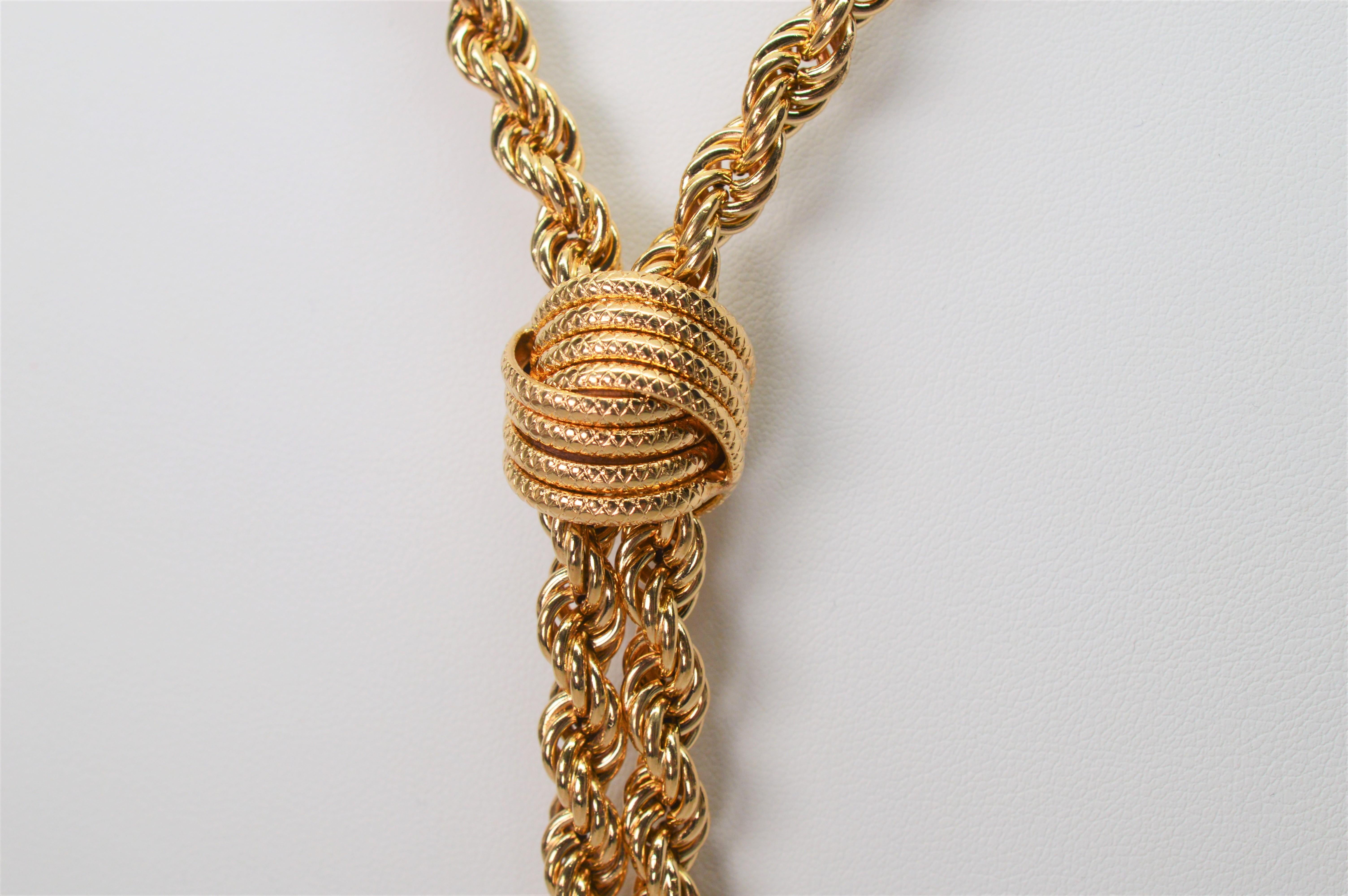 14 Karat Yellow Gold Rope Chain Lariat Style Necklace In Excellent Condition For Sale In Mount Kisco, NY