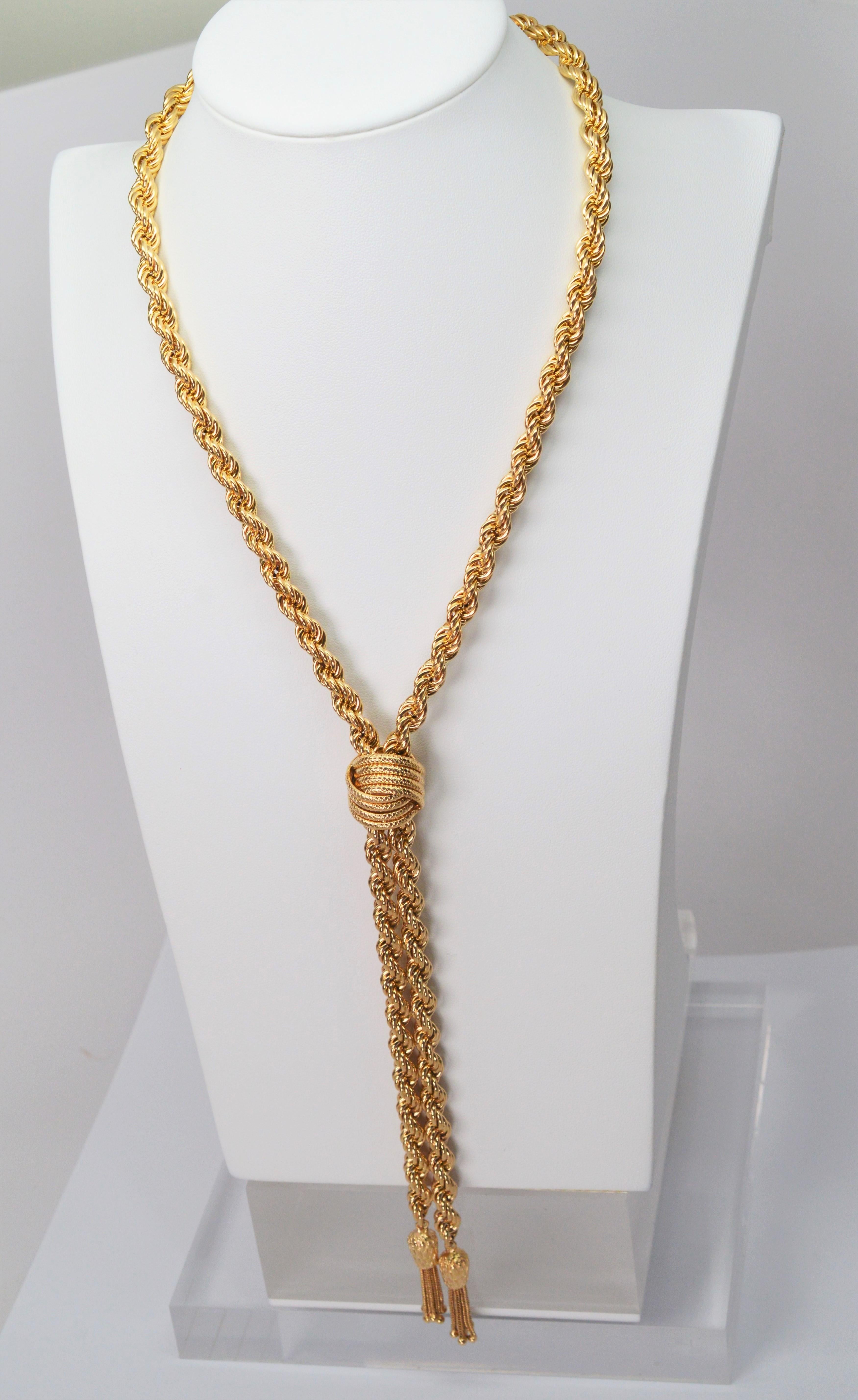 Women's 14 Karat Yellow Gold Rope Chain Lariat Style Necklace For Sale