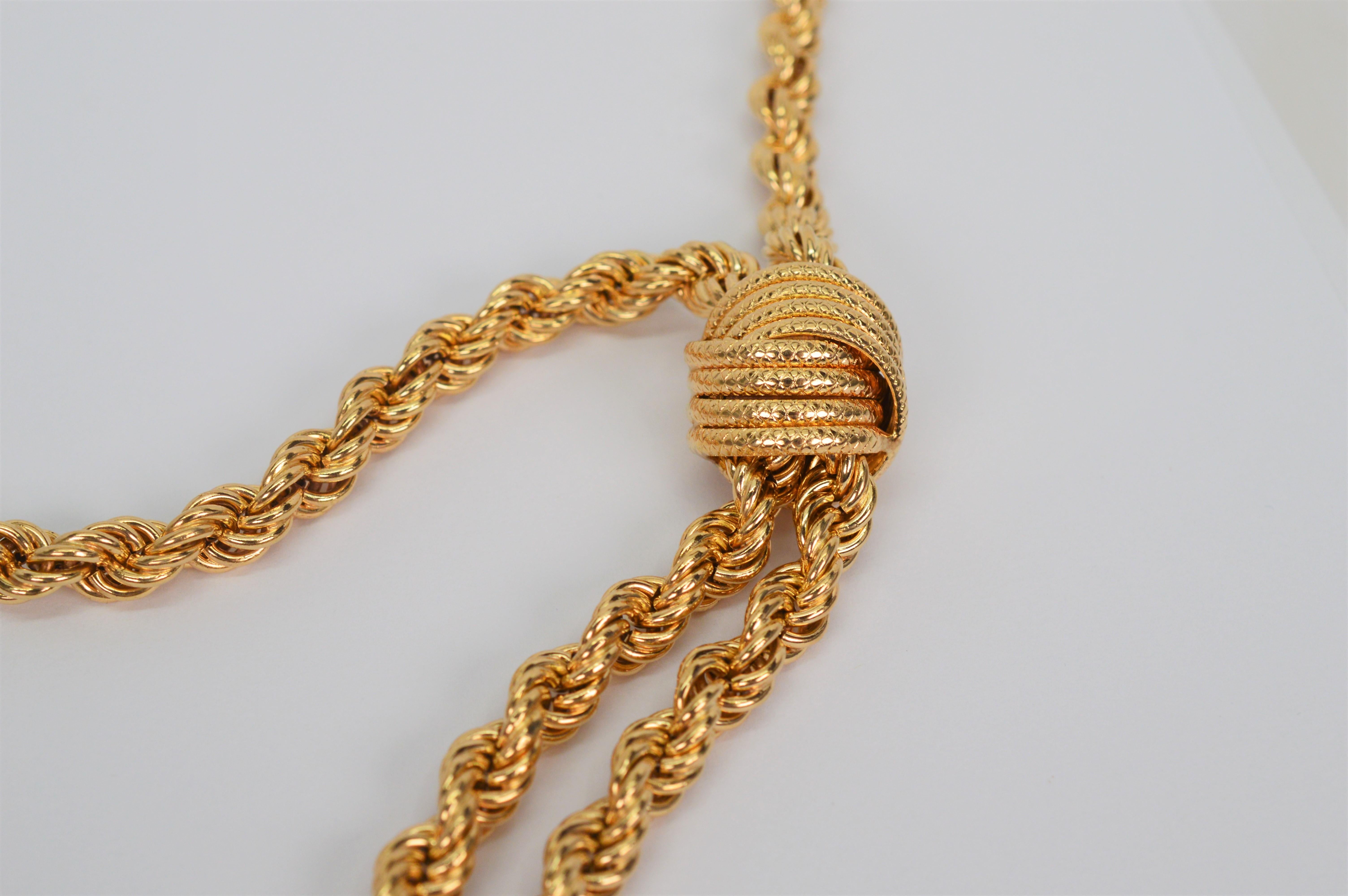 14 Karat Yellow Gold Rope Chain Lariat Style Necklace For Sale 1