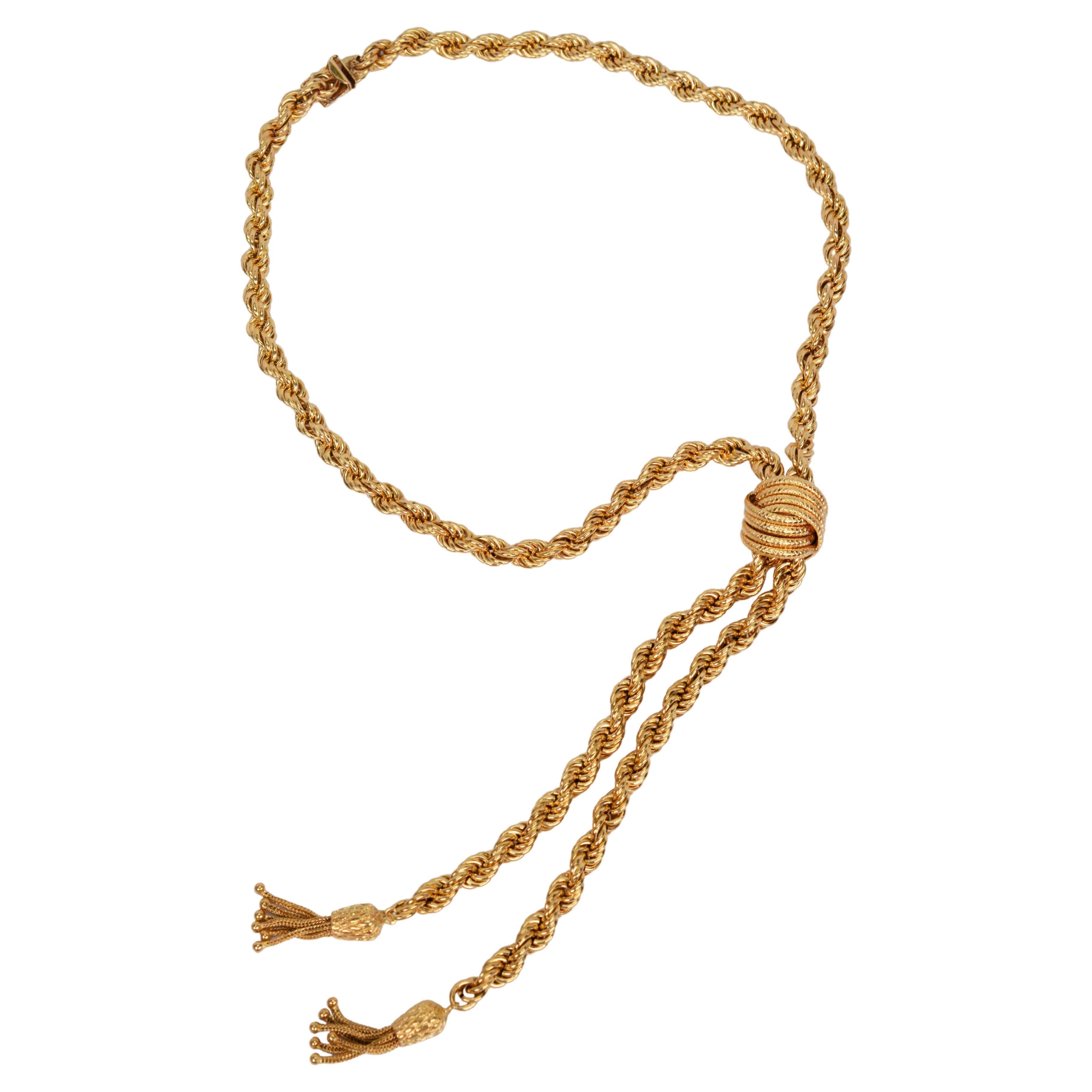 14 Karat Yellow Gold Rope Chain Lariat Style Necklace For Sale