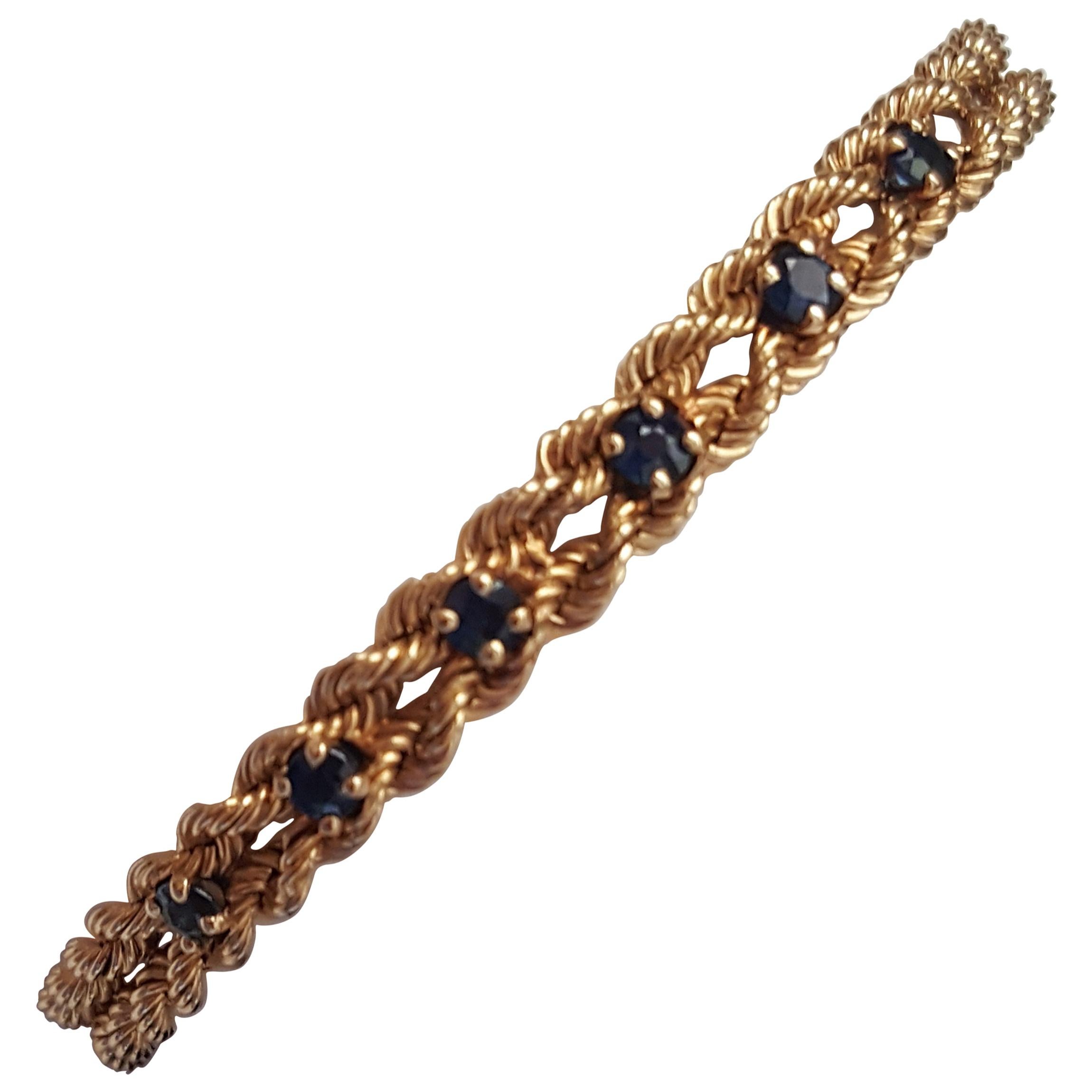 14 Karat Yellow Gold Rope Sapphire Bracelet, 12.1 Grams