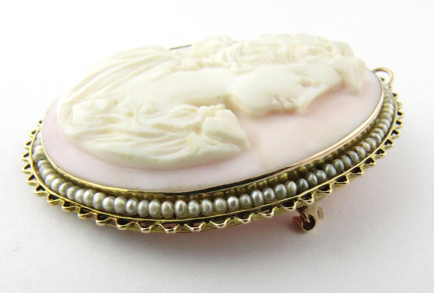 Vintage 14K Yellow Gold Rose Cameo Brooch Pendant 

The beautiful pendant depicts a classical female profile with fine carved detail. 

The pendant measures approx. 39 mm x 8 mm x 49 mm. 

Seed pearls. 

17.6 g / 11.3 dwt. 

This pendant is acid