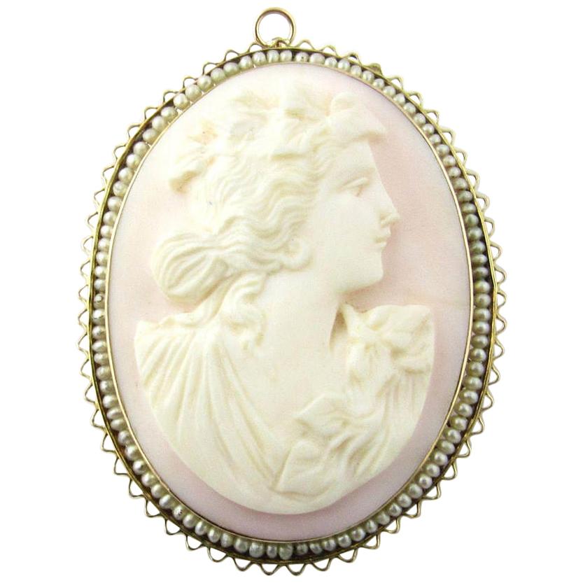 14 Karat Yellow Gold Rose Cameo Brooch Pendant For Sale