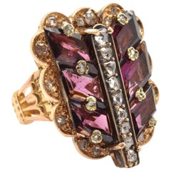 14 Karat Yellow Gold Rose Cut 0.15 Carat Diamond and Garnet Cocktail Ring