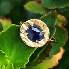 14 Karat Yellow Gold Rose Cut 0.725 Carat Blue Sapphire Ring with Diamond Accent