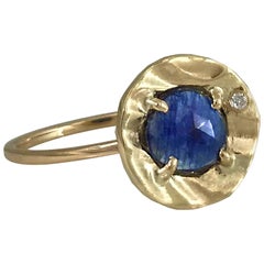 14 Karat Yellow Gold Rose Cut 0.725 Carat Blue Sapphire Ring with Diamond Accent