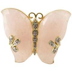 14 Karat Yellow Gold Rose Quartz and Diamond Butterfly Ring