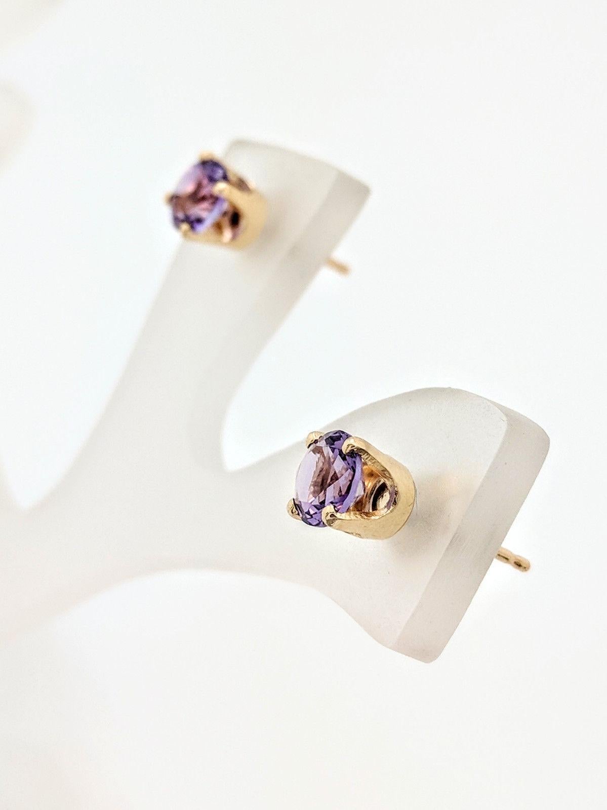 Contemporary 14 Karat Yellow Gold Round Amethyst Four-Prong Stud Earrings