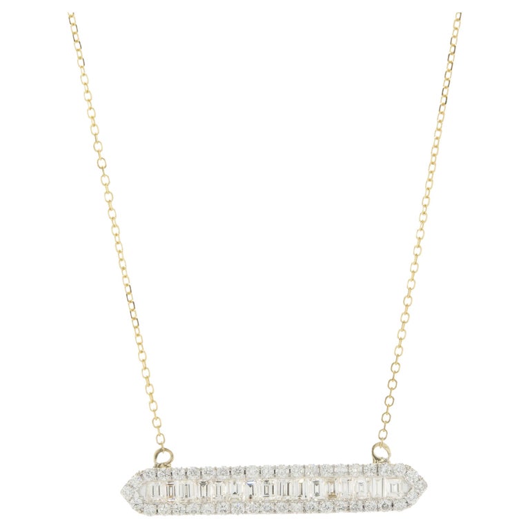 14 Karat Yellow Gold Round and Baguette Cut Diamond Bar Necklace For ...