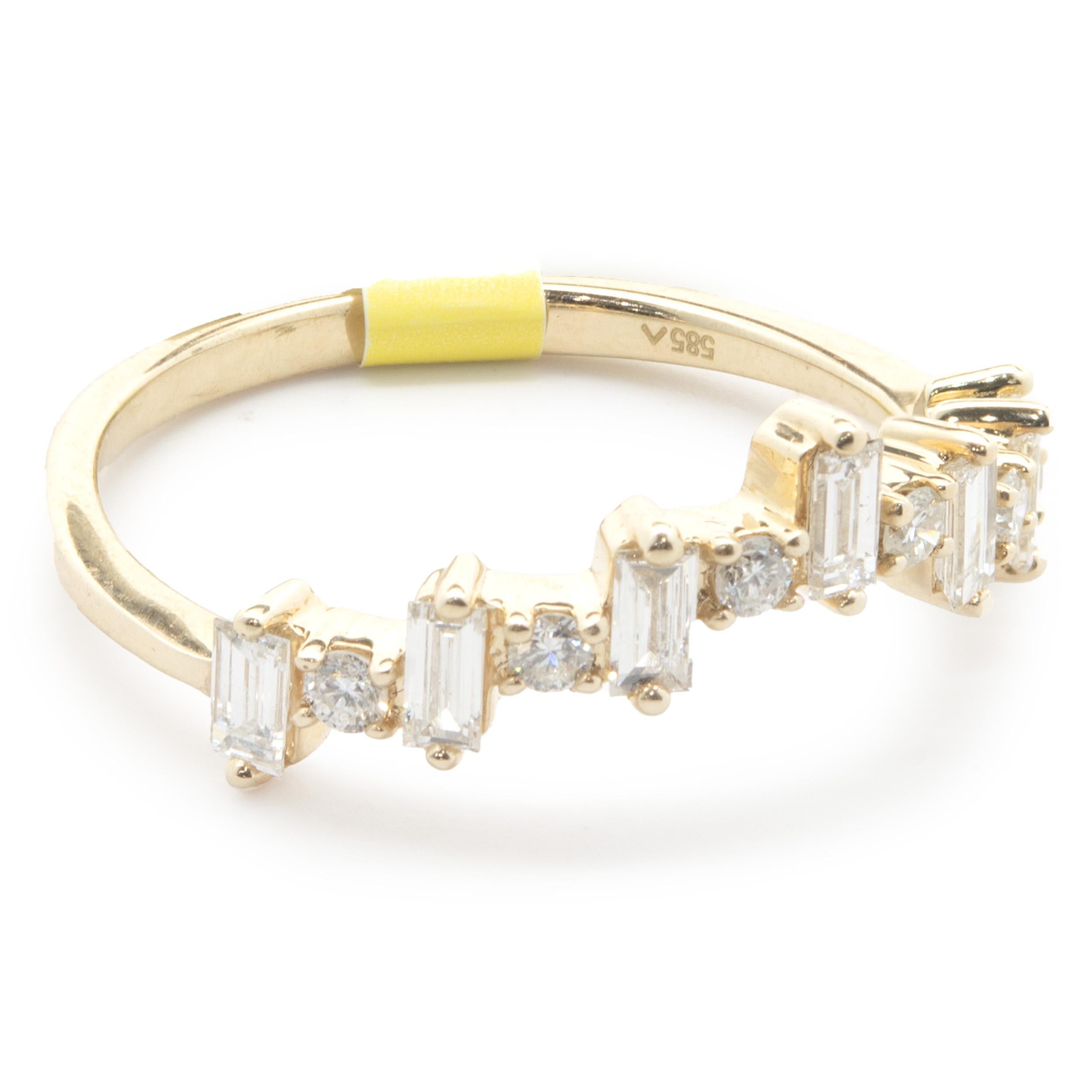 Designer: Custom
Material: 14K yellow gold
Diamond: 6 round brilliant & 7 baguette cut = 0.54cttw
Color: G
Clarity: SI1
Size: 7 (complimentary sizing available upon request)
Weight: 2.15 grams
