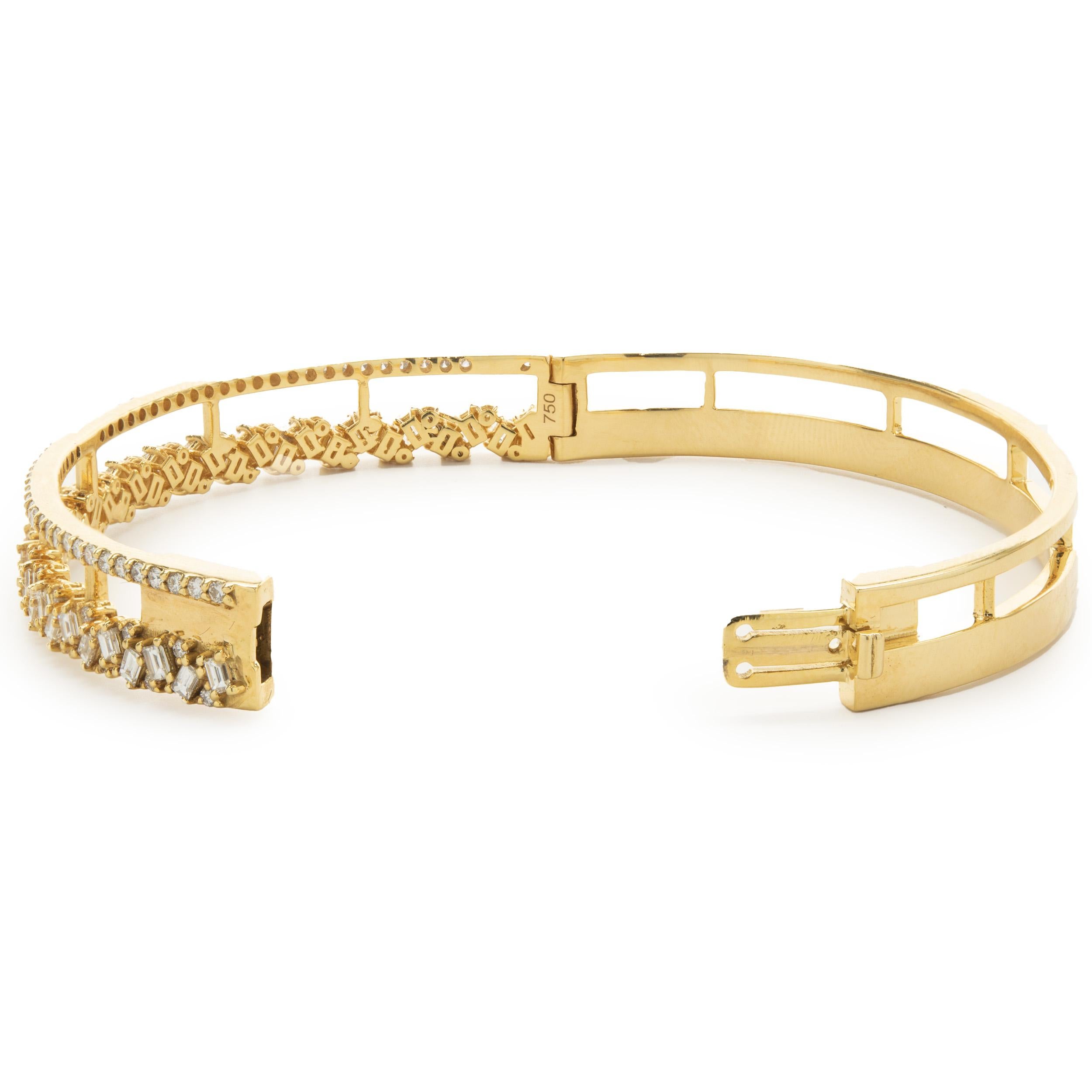 Women's 18 Karat Yellow Gold Round and Baguette Cut Diamond Double Row Bangle Bracelet