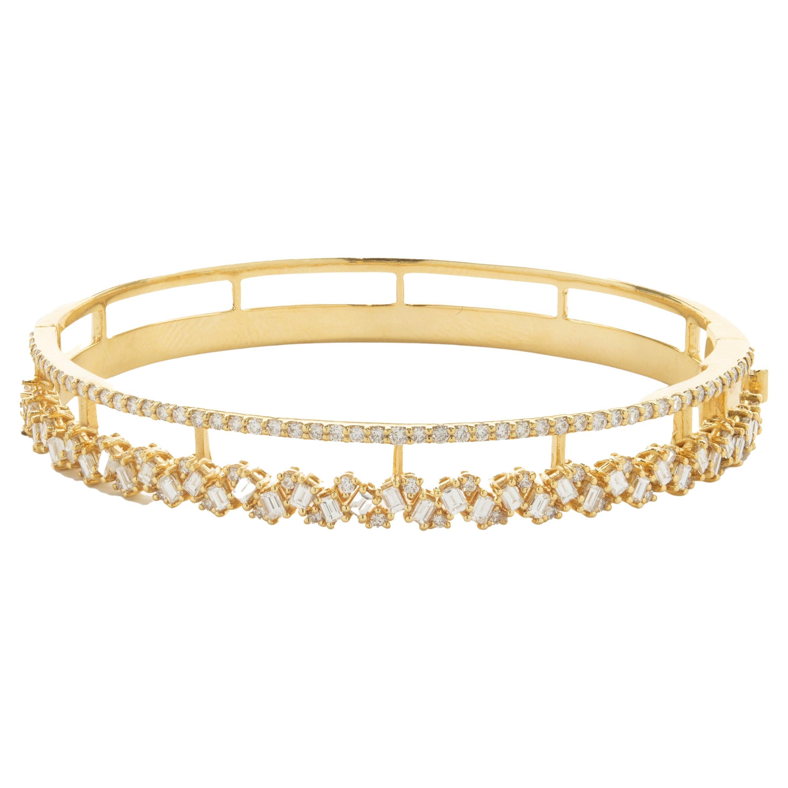 18 Karat Yellow Gold Round and Baguette Cut Diamond Double Row Bangle Bracelet