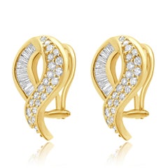 14 Karat Yellow Gold Round and Baguette Cut Diamond Ribbon Earrings
