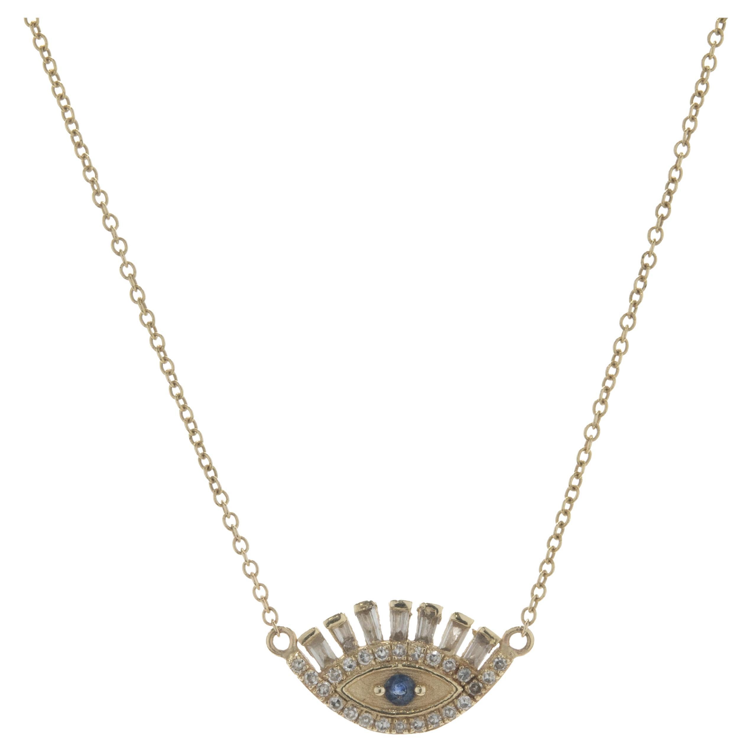 14 Karat Yellow Gold Round and Baguette Diamond and Sapphire Evil Eye Necklace For Sale