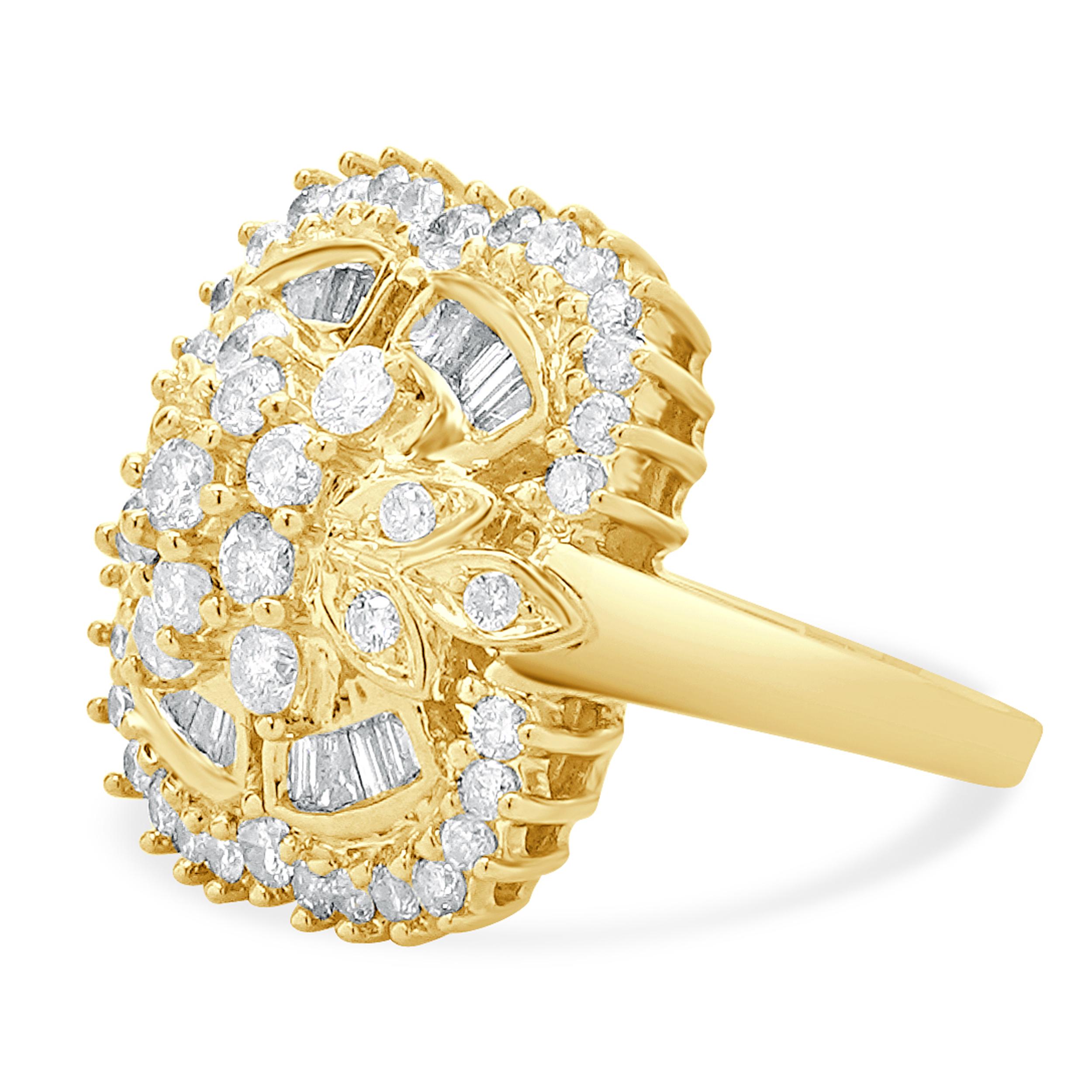 Concepteur : personnalisé
Matériau : Or jaune 14K
Diamant : 47 diamants ronds de taille brillant = 0,60cttw
Couleur : H / J
Clarté : SI3 / I1
Diamant : 16 tailles baguette = 0,25cttw
Couleur : I / J
Clarté : SI3 / I1
Taille de l'anneau : 5.0