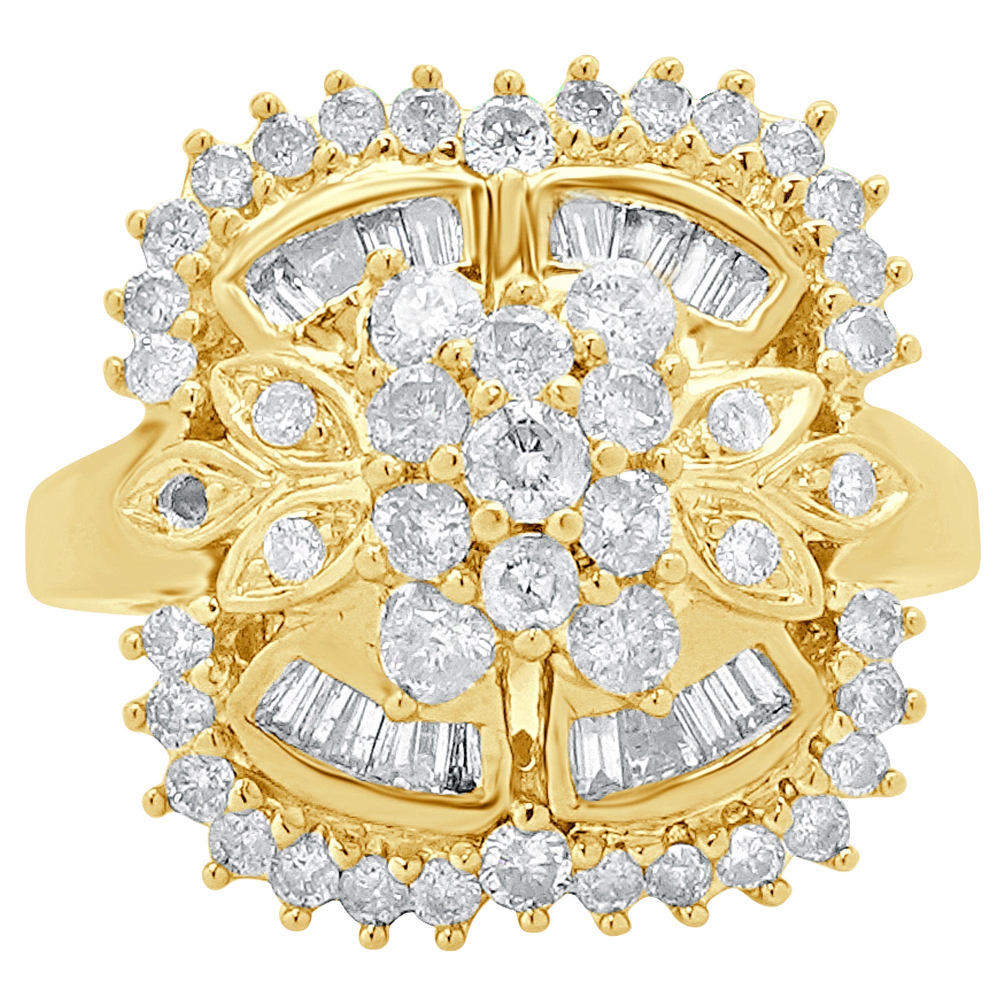 14 Karat Yellow Gold Round and Baguette Diamond Cocktail Ring