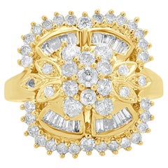 Bague cocktail en or jaune 14 carats avec diamants ronds et baguettes