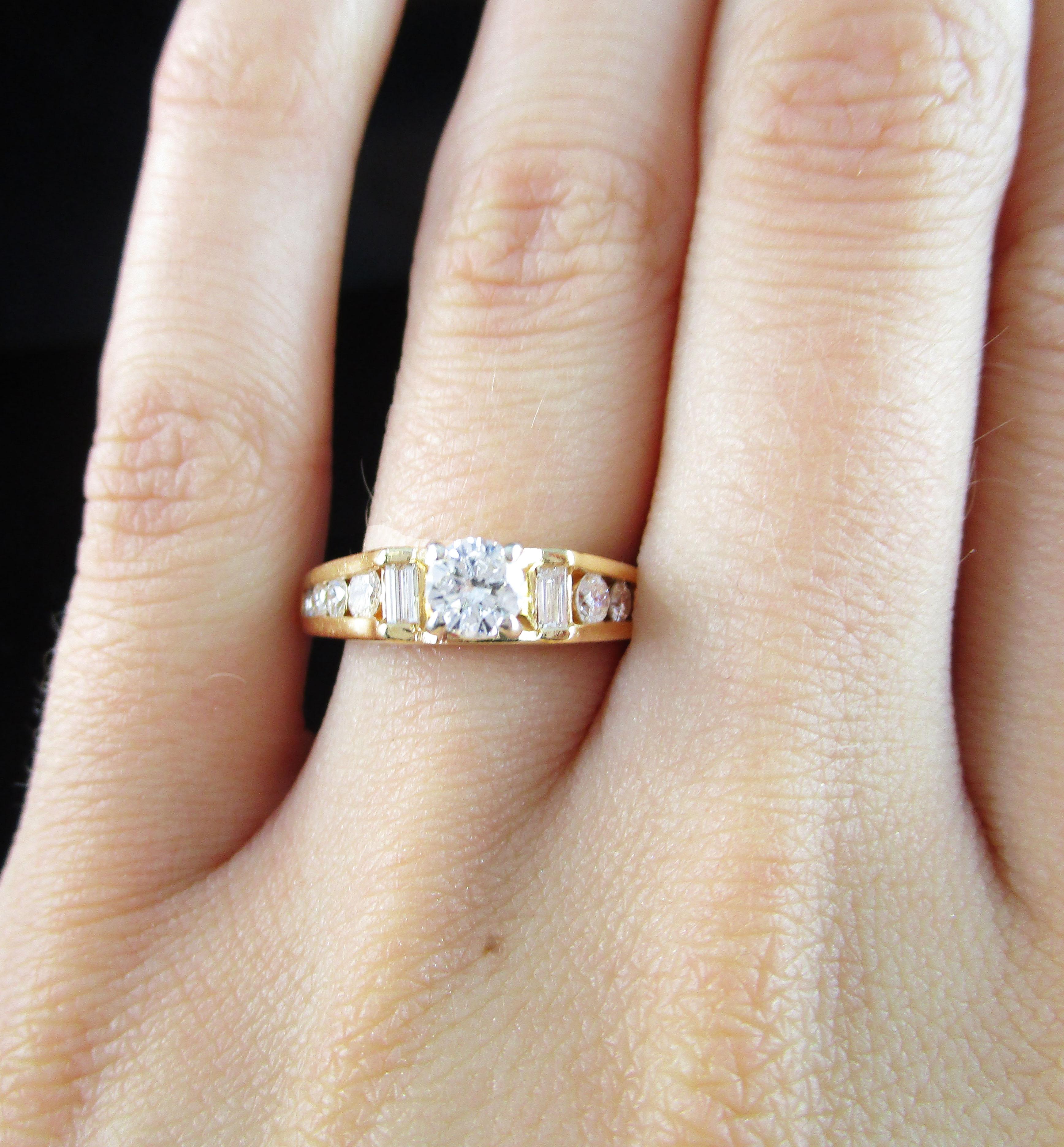 14 Karat Yellow Gold Round and Baguette Diamond Engagement Ring For Sale 1