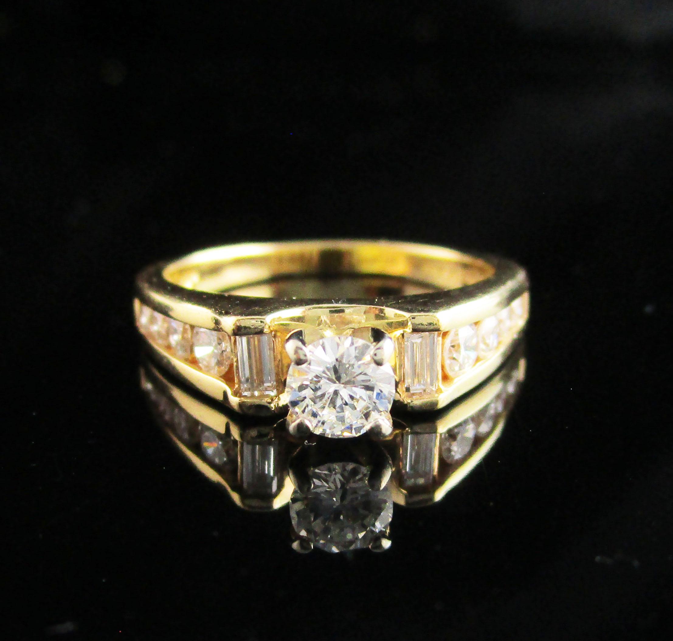 14 Karat Yellow Gold Round and Baguette Diamond Engagement Ring For Sale 2