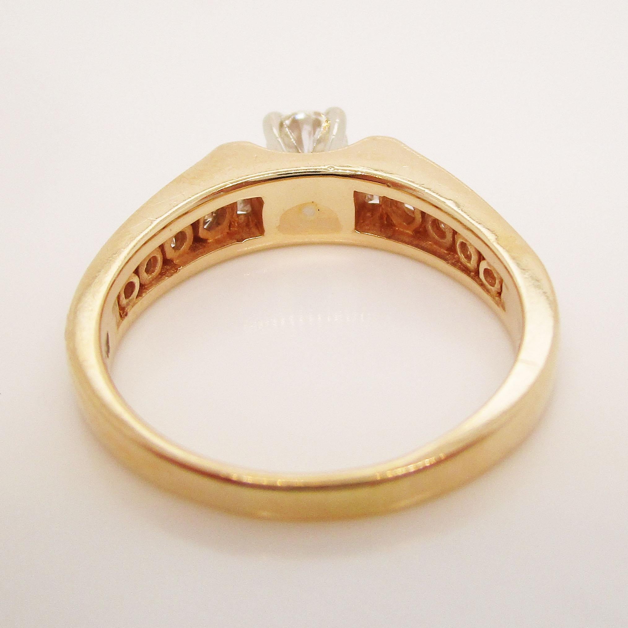 Round Cut 14 Karat Yellow Gold Round and Baguette Diamond Engagement Ring For Sale